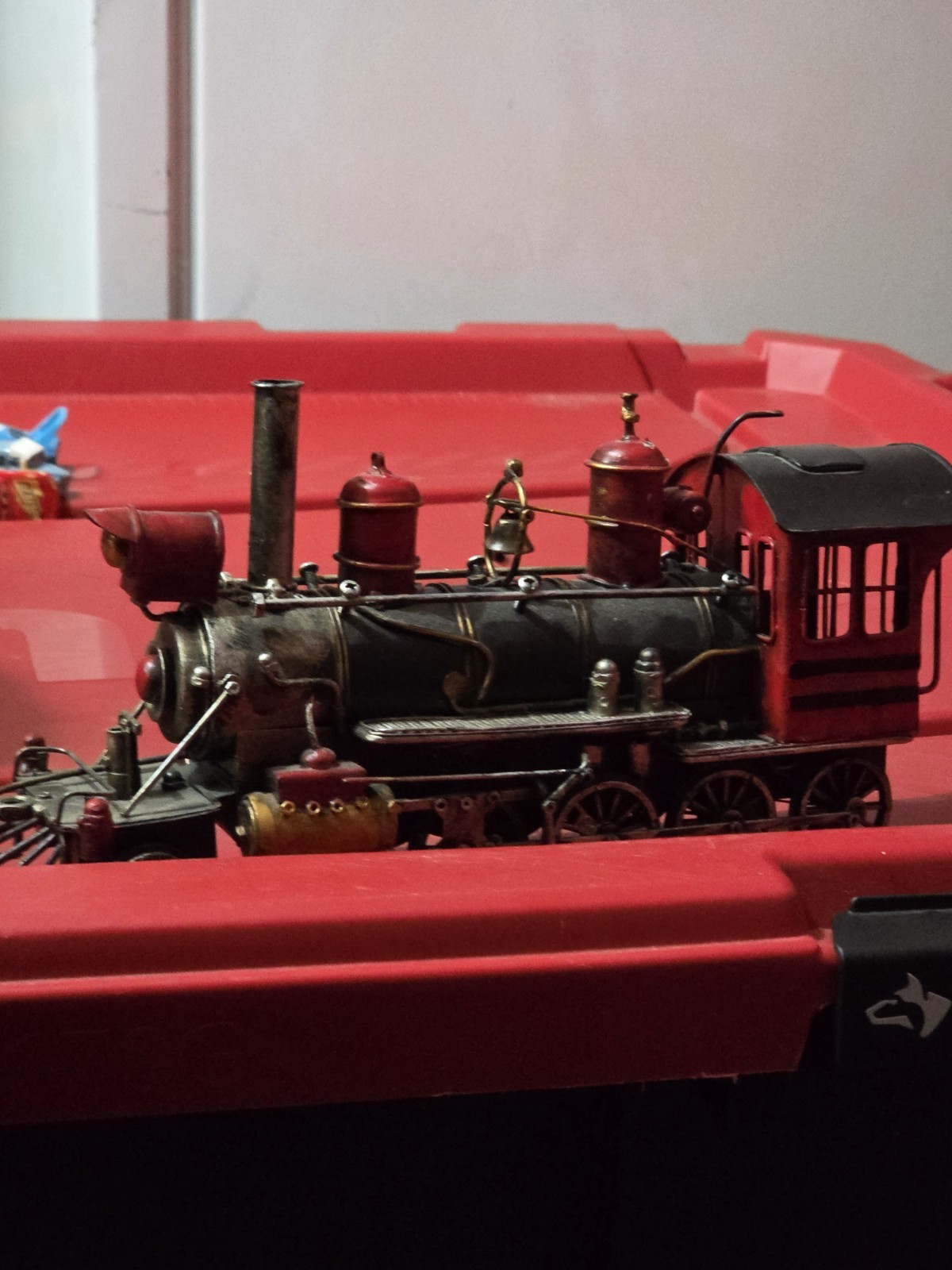 Vtg Decorative Metal Steam Locomotive Model Train Engine Red Black Gold On Base