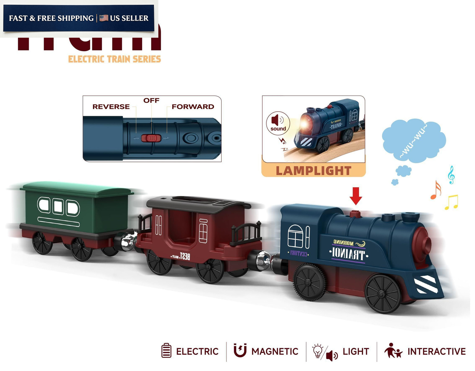 Battery Operated Train for Wooden Track, 3Pcs Motorized Small, Deep Blue