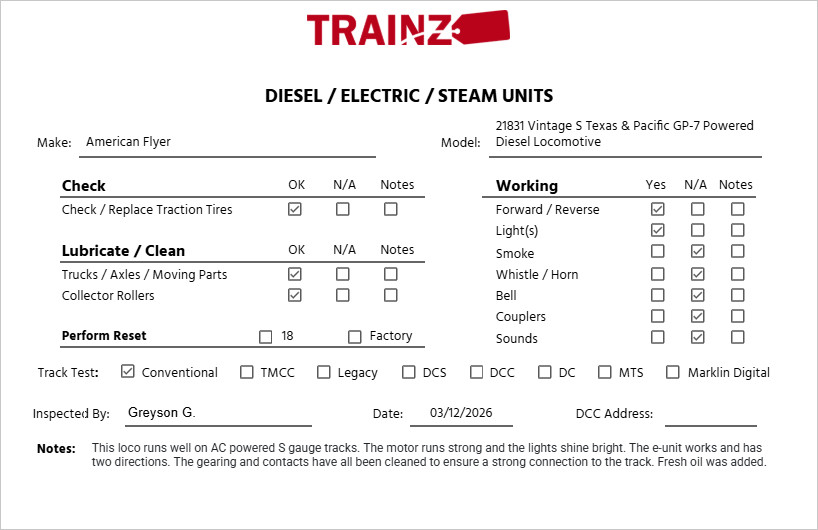 American Flyer 21831 Vintage S Texas & Pacific GP-7 Powered Diesel Locomotive