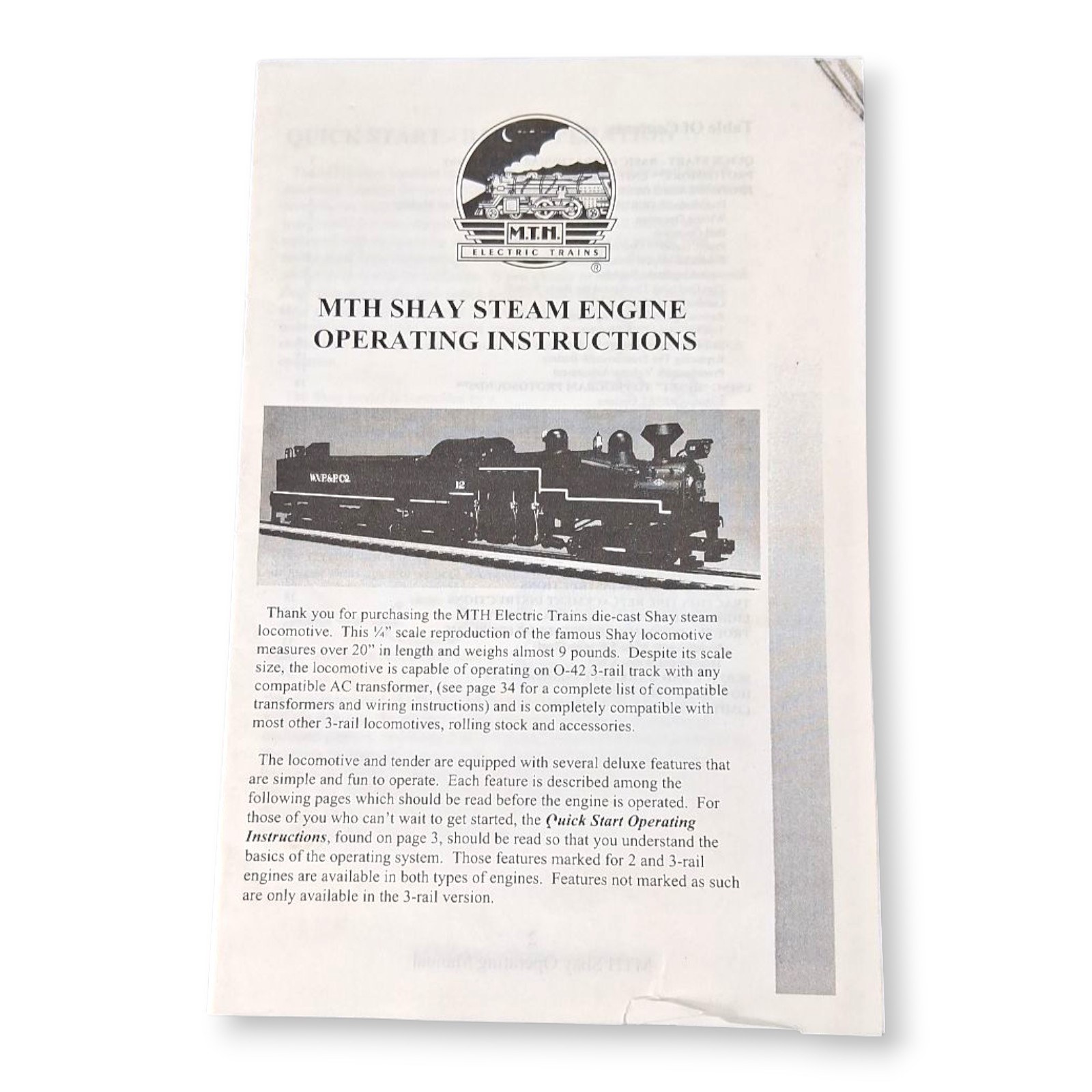 MTH 20-3023-1 WEST VIRGINIA Pulp & Paper 4-Truck Shay Loco & Tender PS1 Engine