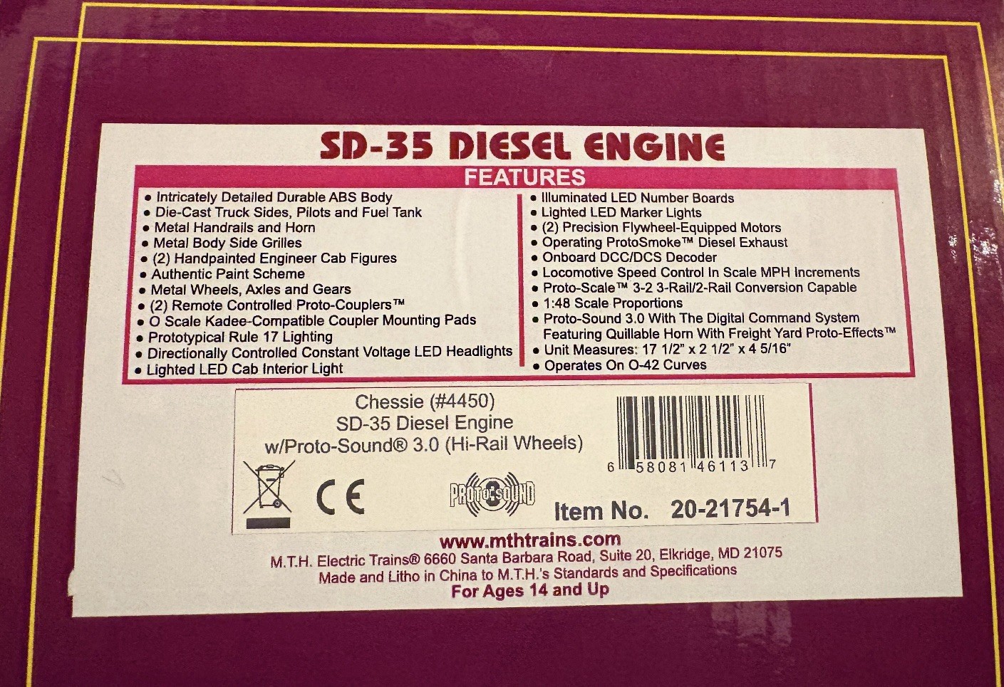 MTH PREMIER CHESSIE SYSTEM SD-35 DIESEL ENGINE PS3! 20-21754-1 O SCALE SD35