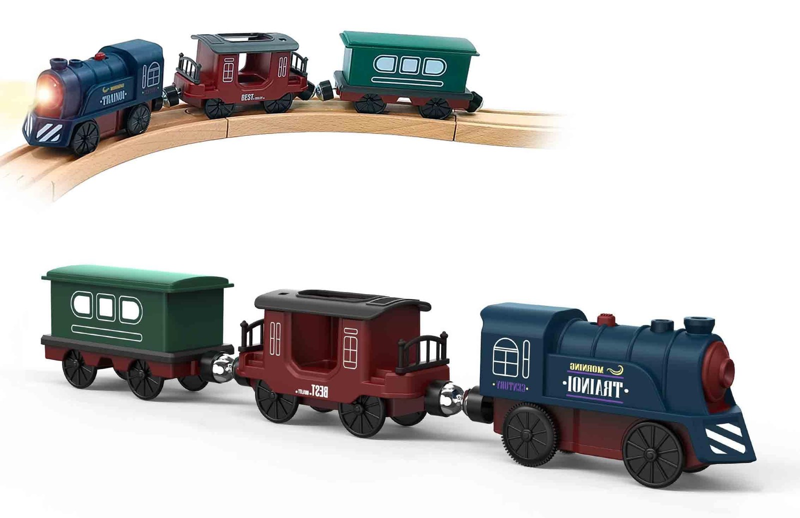 Battery Operated Train for Wooden Track, 3Pcs Motorized Small, Deep Blue