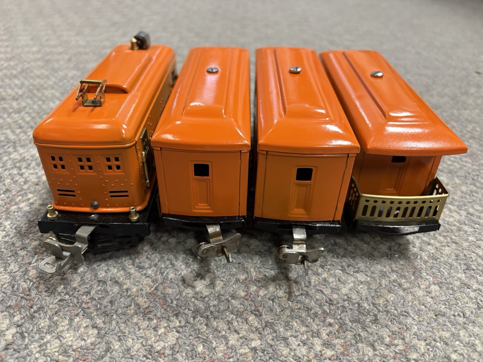 + Lionel Prewar O Tinplate 248 Orange Electric Locomotive 3 Car Passenger Set