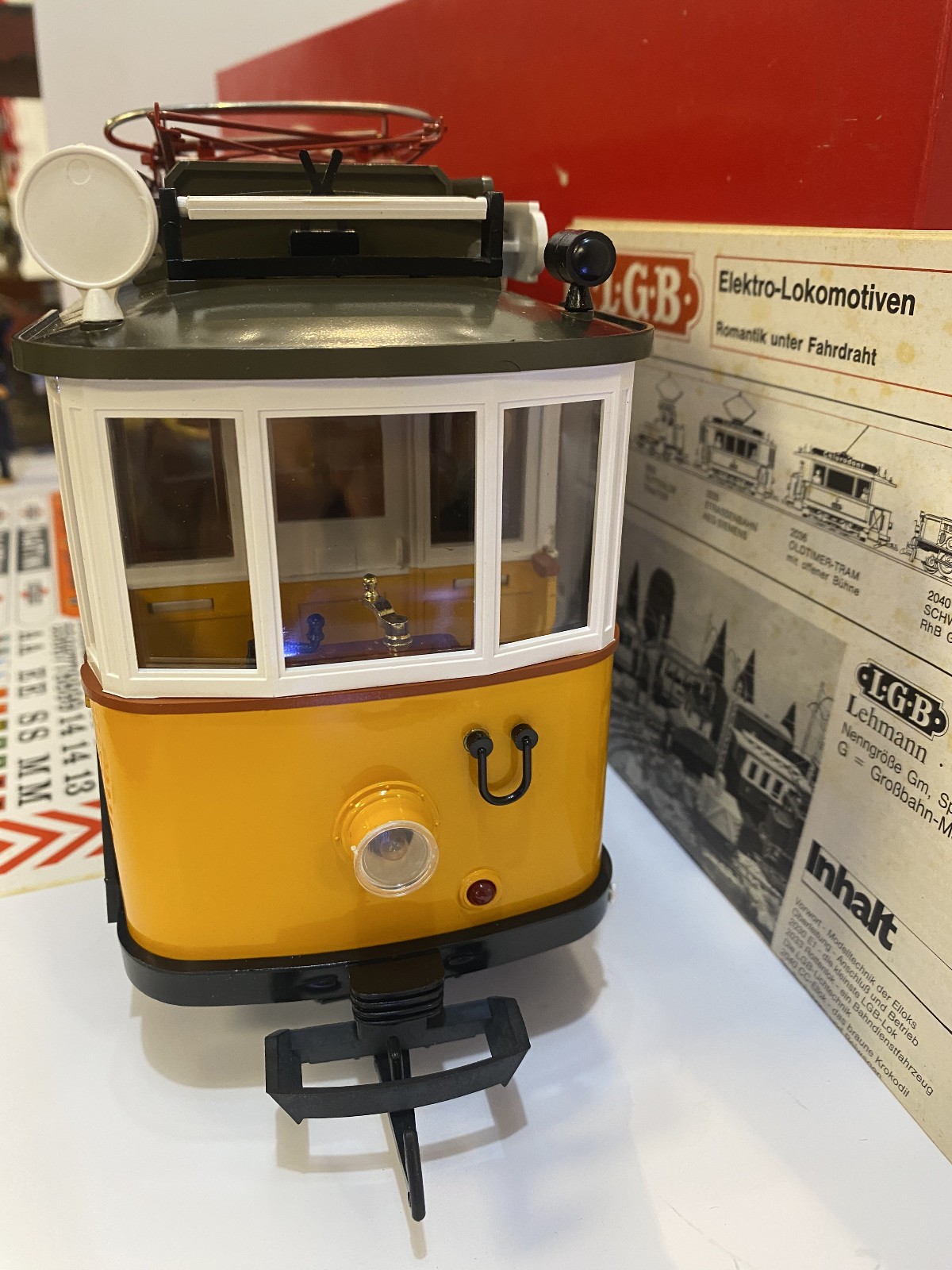 LGB 2035 G Scale Unlettered Yellow Motorized Trolley Used W/ Box & Sticker Sheet