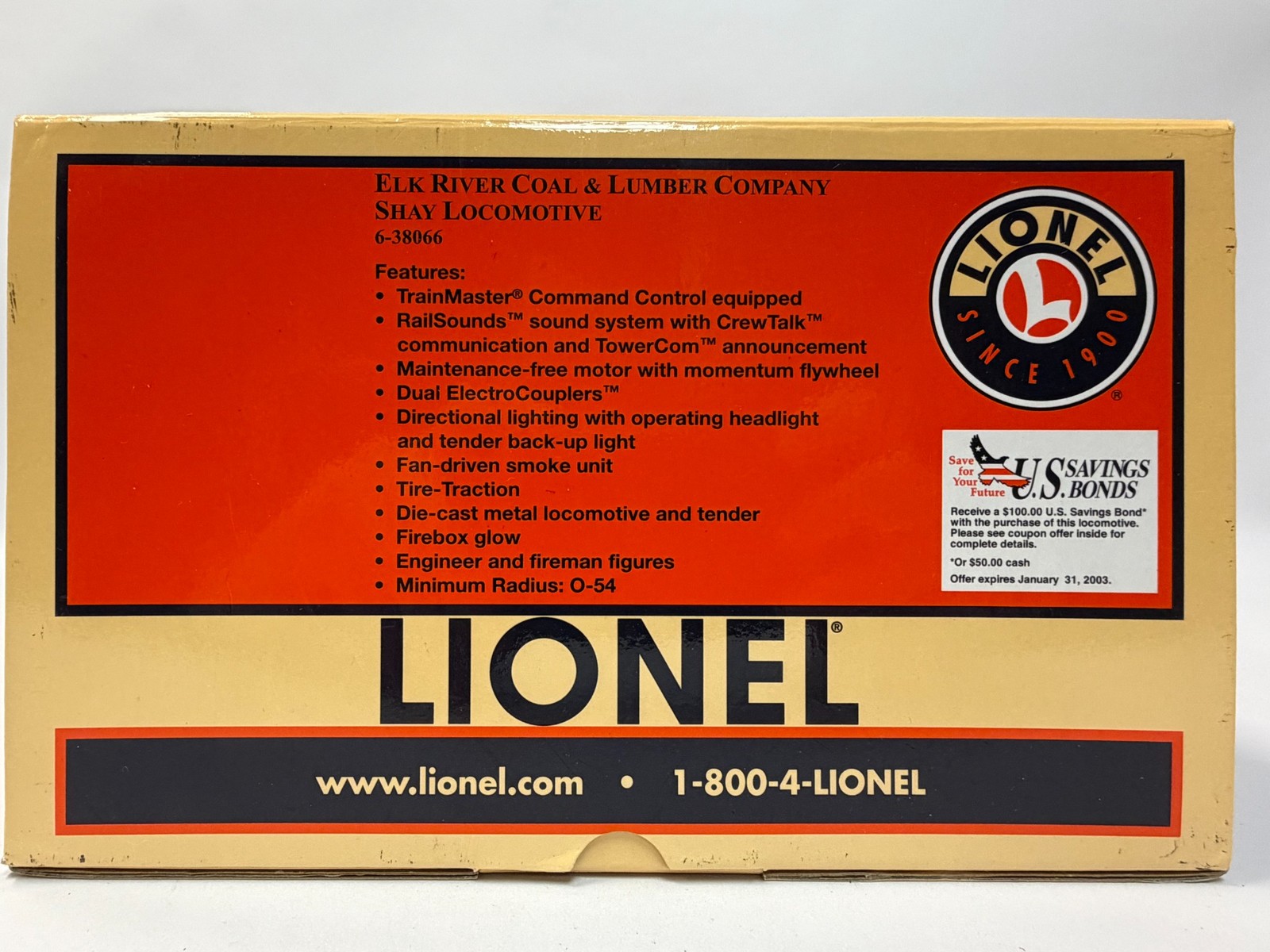 Lionel Elk River Coal & Lumber Company Shay Locomotive 6‑38066 Very Gently Used