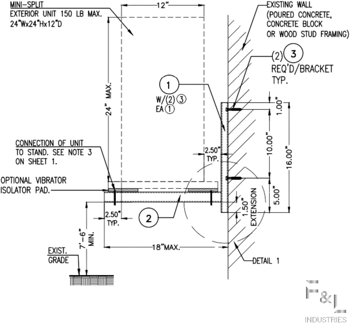 F&L Heavy-Duty Mini Split Wall Mount Bracket—Rust-Resistant Aluminum AC Support