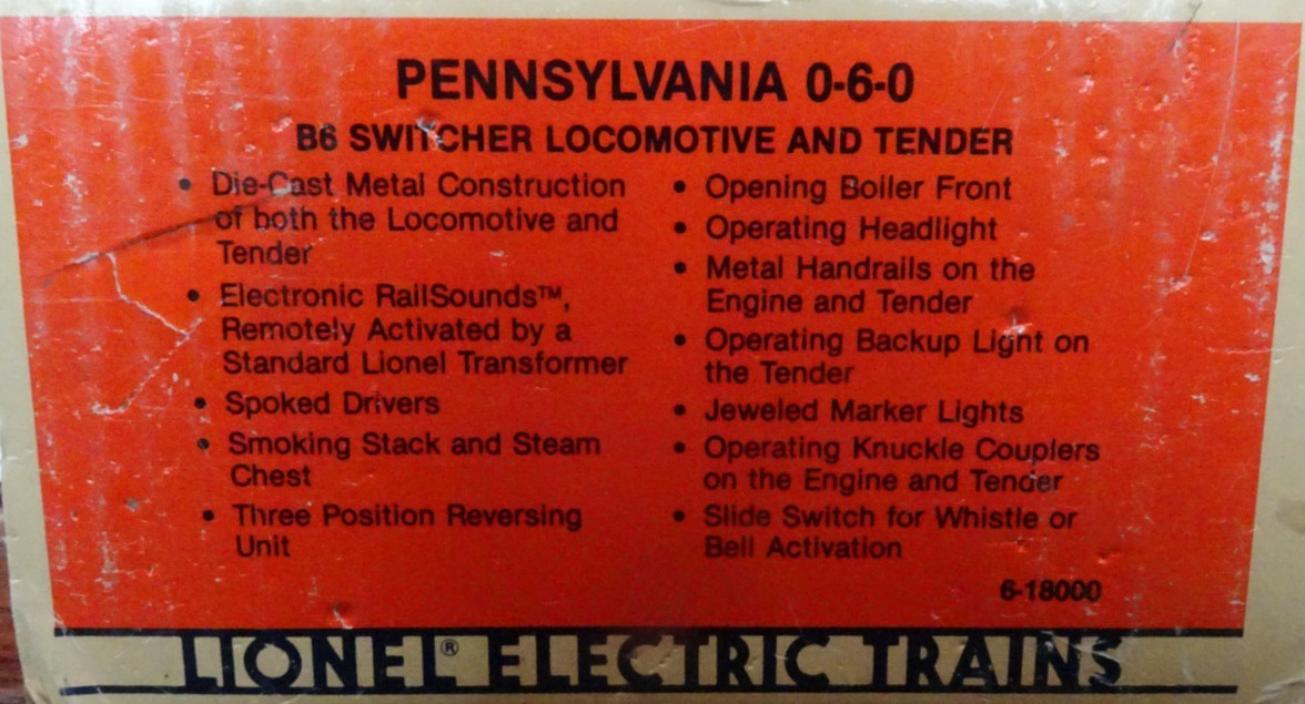 Lionel 6-18000 O Gauge Pennsylvania 0-6-0 B6 Switcher Loco & Tender #8977 – MINT