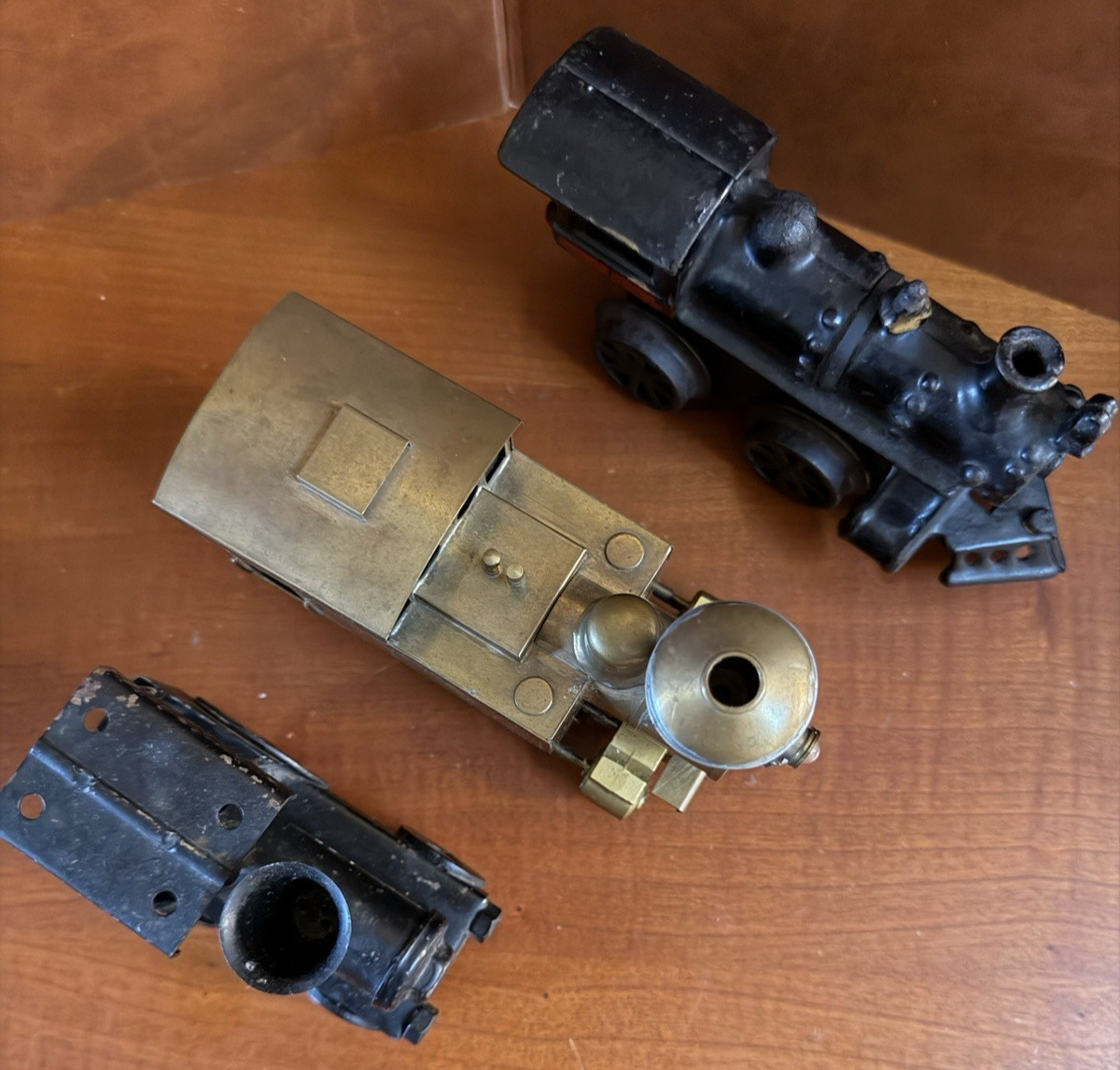 3 Antique Train Locomotive Engines -Hafner Cast Iron – Japan Nickle Plate – Desk
