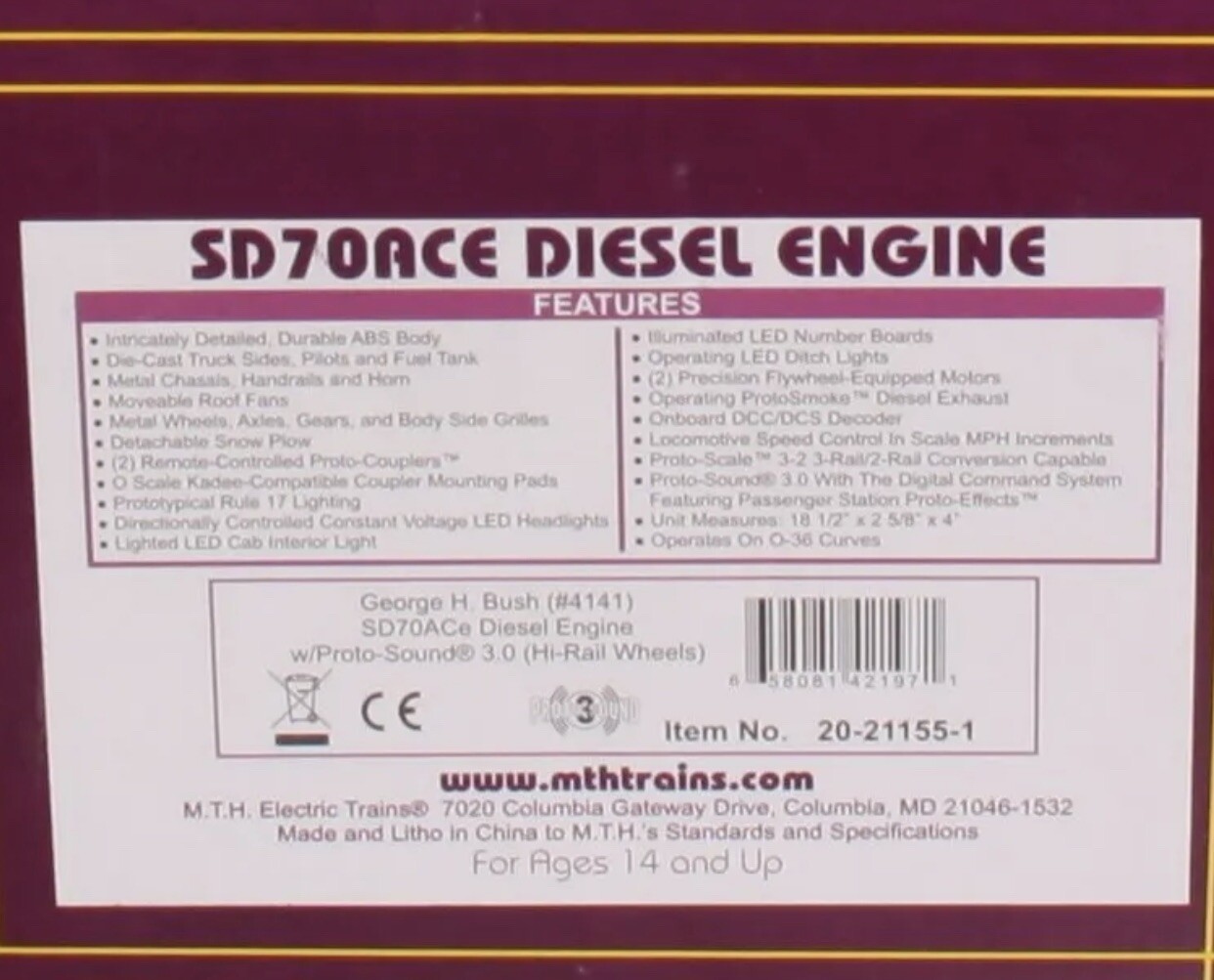 MTH PREMIER GEORGE BUSH SD70ACE DIESEL ENGINE PROTOSOUND 3.0 20-21155-1 O SCALE