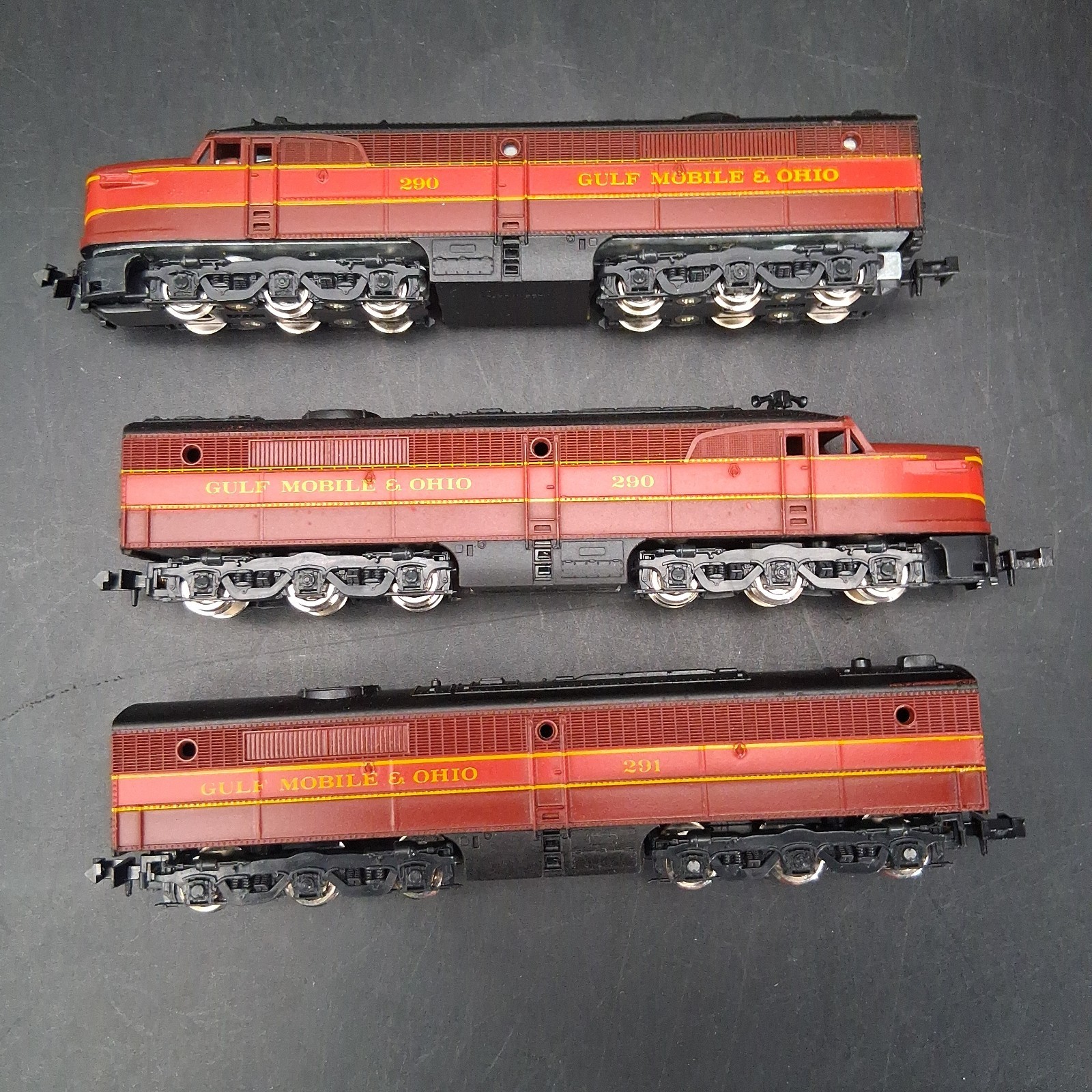Con-Cor N Scale GM&O ALTON ROUTE & REBEL Set 3 PA Locos AAB & 6 Passenger Cars