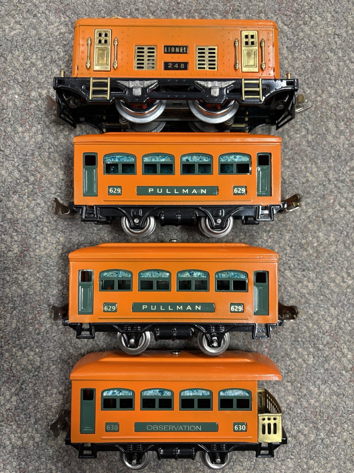 + Lionel Prewar O Tinplate 248 Orange Electric Locomotive 3 Car Passenger Set