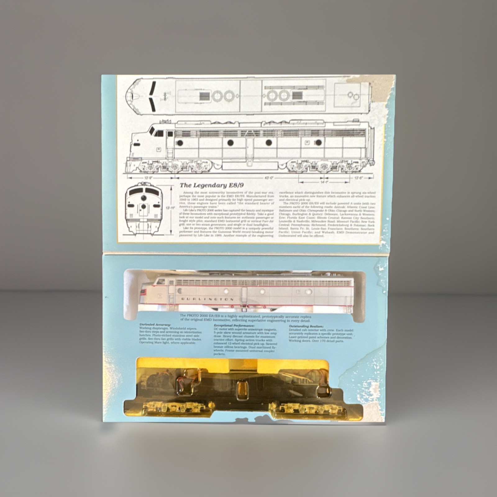 PROTO 2000 HO 1:87 E8/9 Diesel Locomotive Burlington Silver Red DC Light NIB