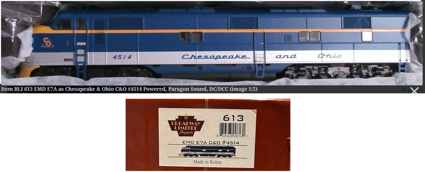Broadway Limited 613 EMD E7A C&O #4514 HO