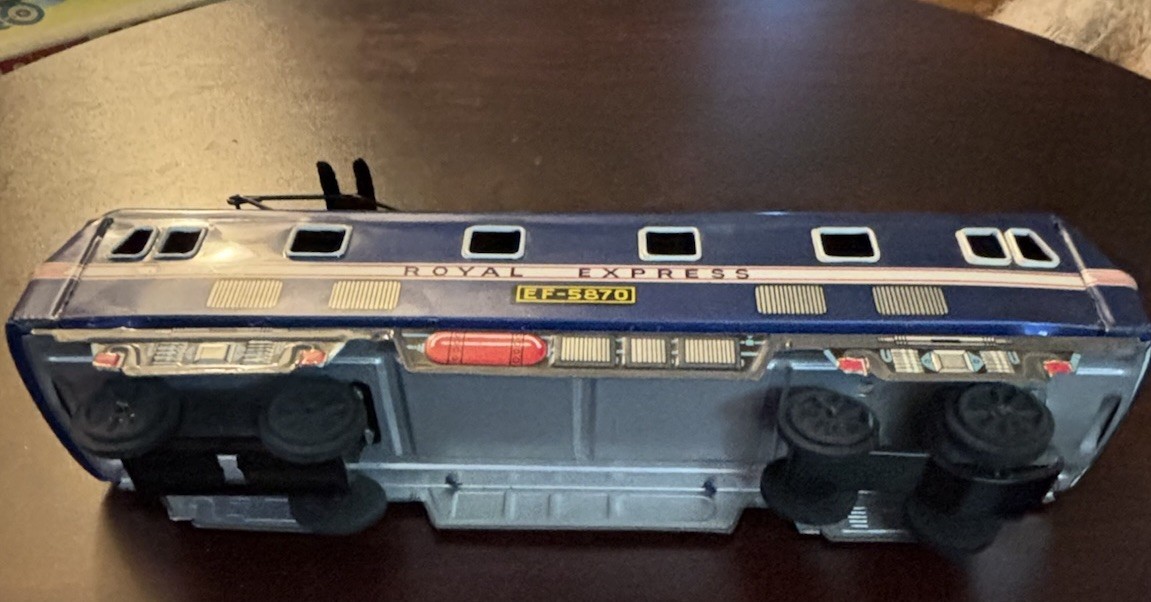 1950’s Blue TIN LOCOMOTIVE EXPRESS E.F 5870 14 In. Street Car READ Description