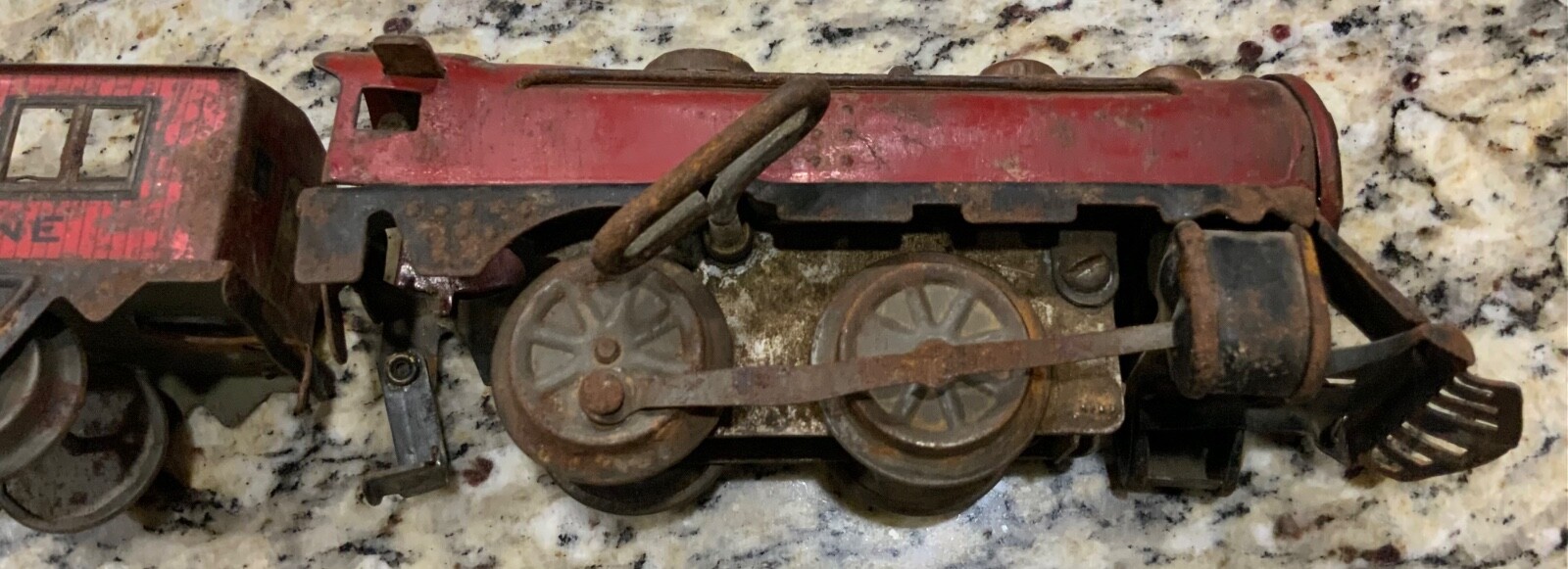 Marx O Gauge Joy Line Red Wind Up Locomotive Boxcar & Eagle Eye Caboose Pre War