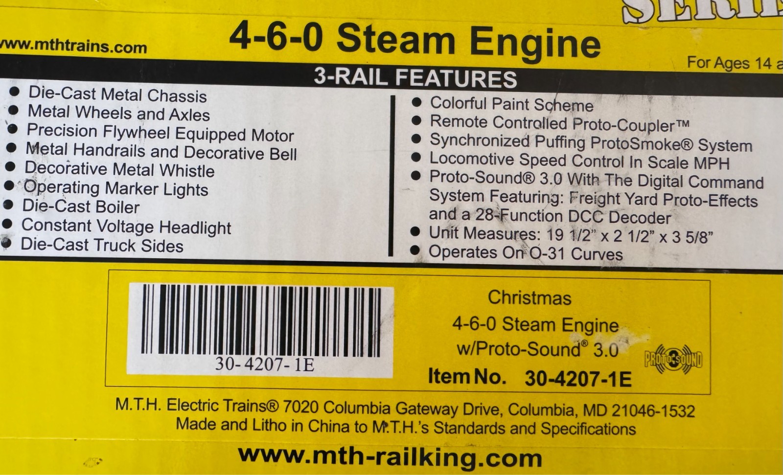 M.T.H. RailKing 4-6-0 Steam Engine &Tender Christmas Express O Gauge #30-4207-1E