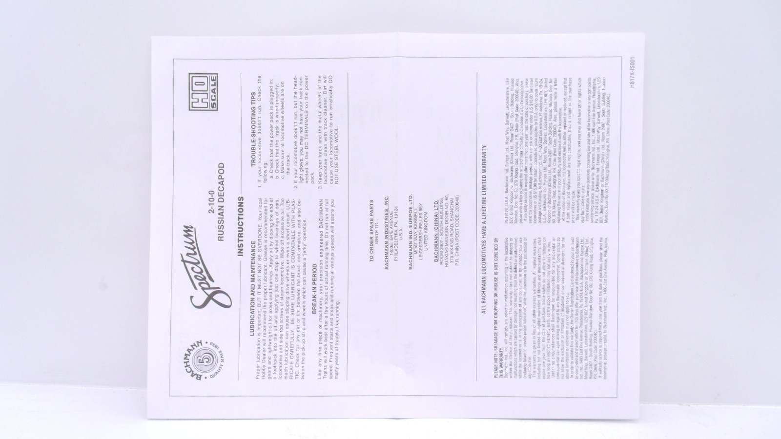 Bachmann Spectrum HO 2-10-0 Russian Decapod Steam Locomotive Manual Only Trucks