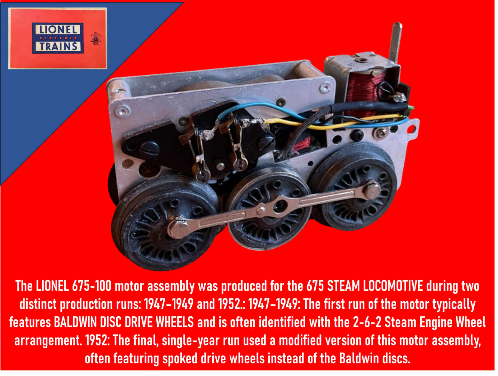 LIONEL NO. 675-100 MOTOR ASSEMBLY E-UNIT DRIVE RODS: REFURBISHED TESTED RUNS ++