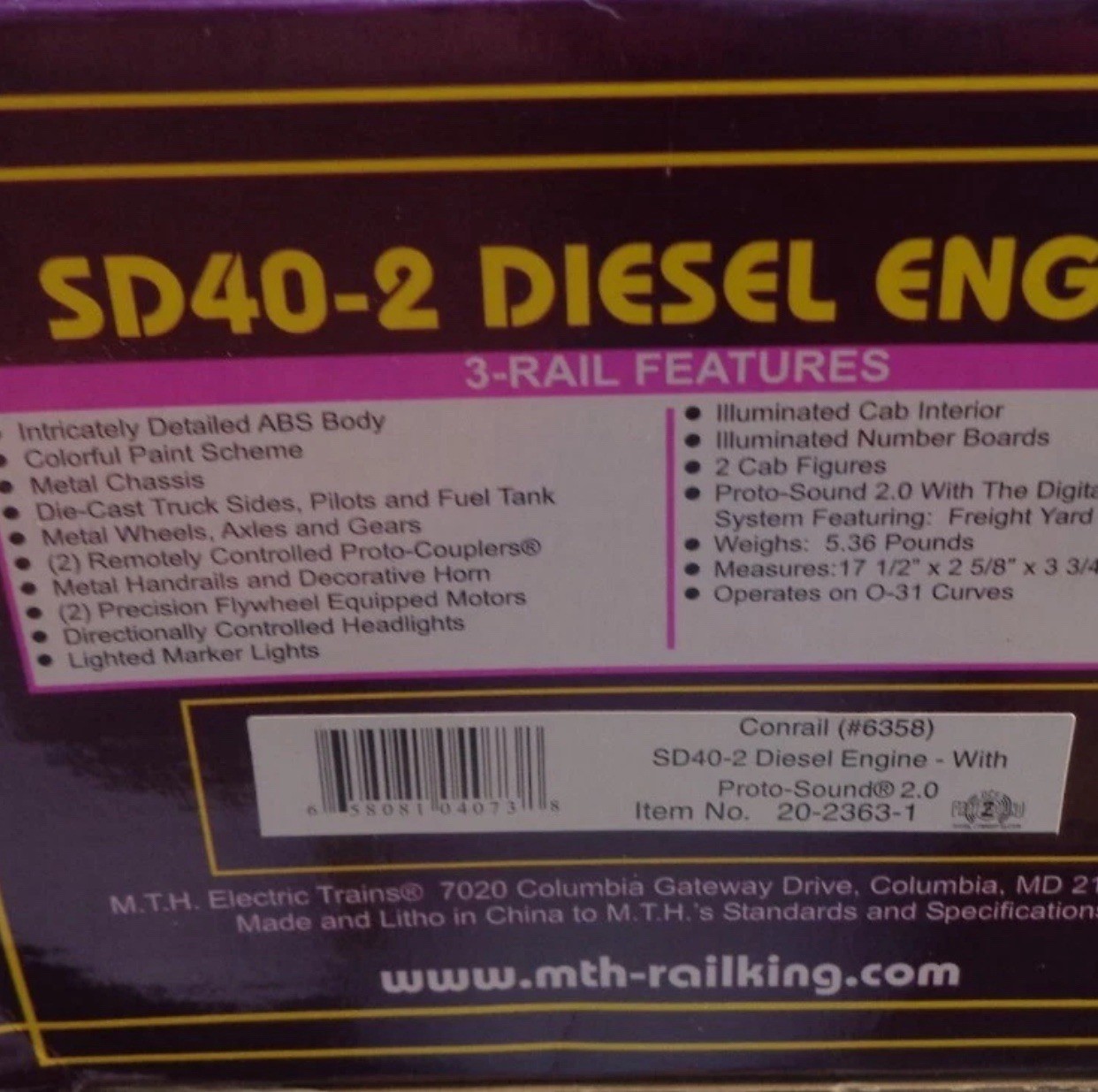 MTH PREMIER CONRAIL SD40-2 DIESEL ENGINE W/ BCR! 20-2363-1 O SCALE PS2 & BCR