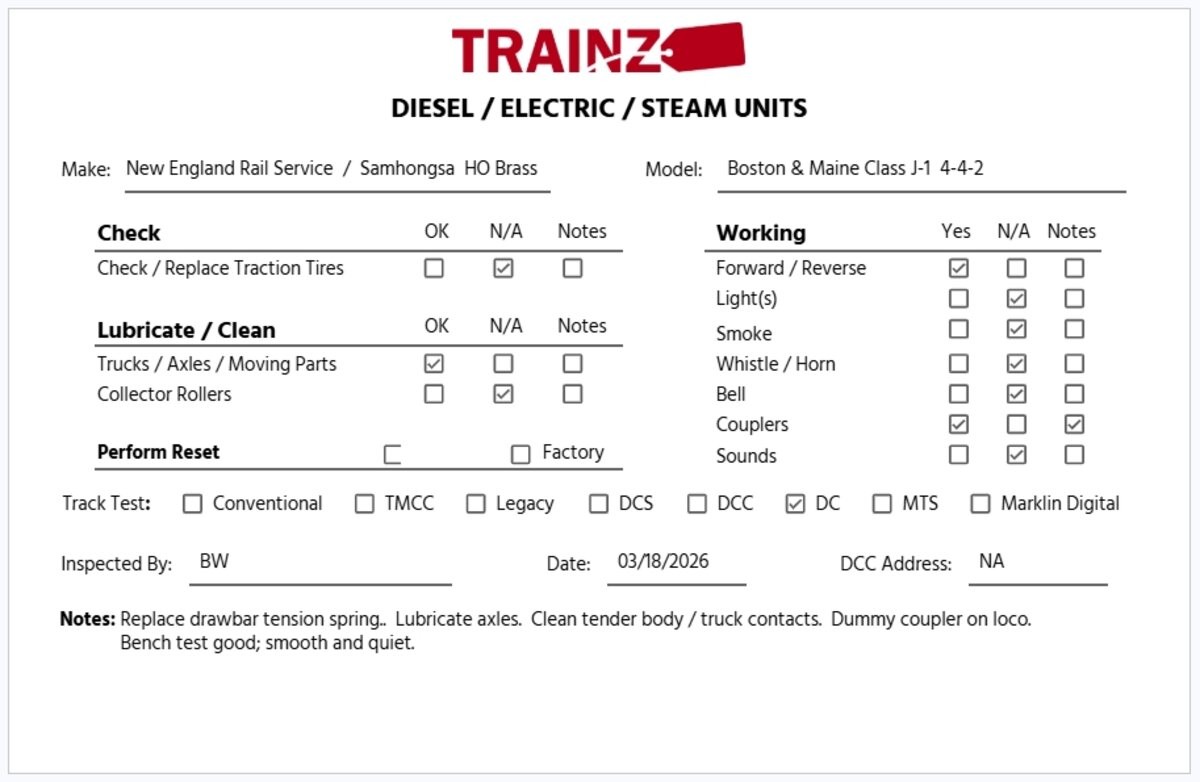 New England Rail Service HO BRASS Class J-1 4-4-2 Steam Loco & Tender- Unpainted