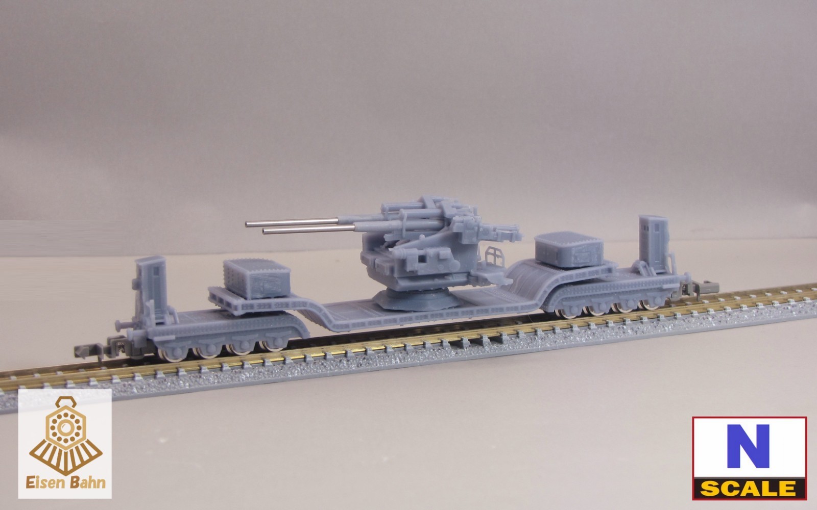 1/160 (N-scale) WWII German 128mm Flak on Heavy Flatcar /w wheels resin kit
