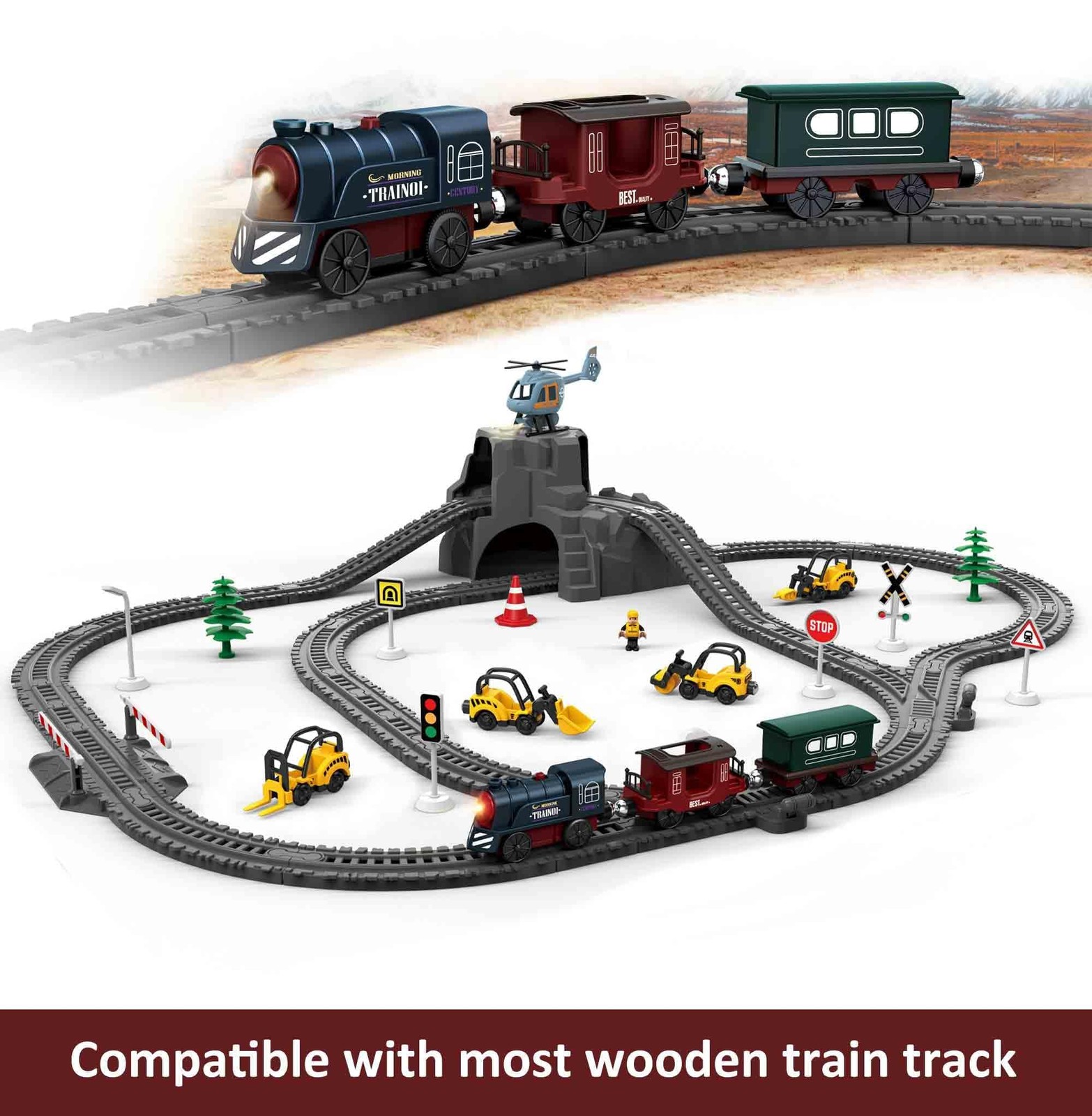 Battery Operated Train for Wooden Track, 3Pcs Motorized Small, Deep Blue