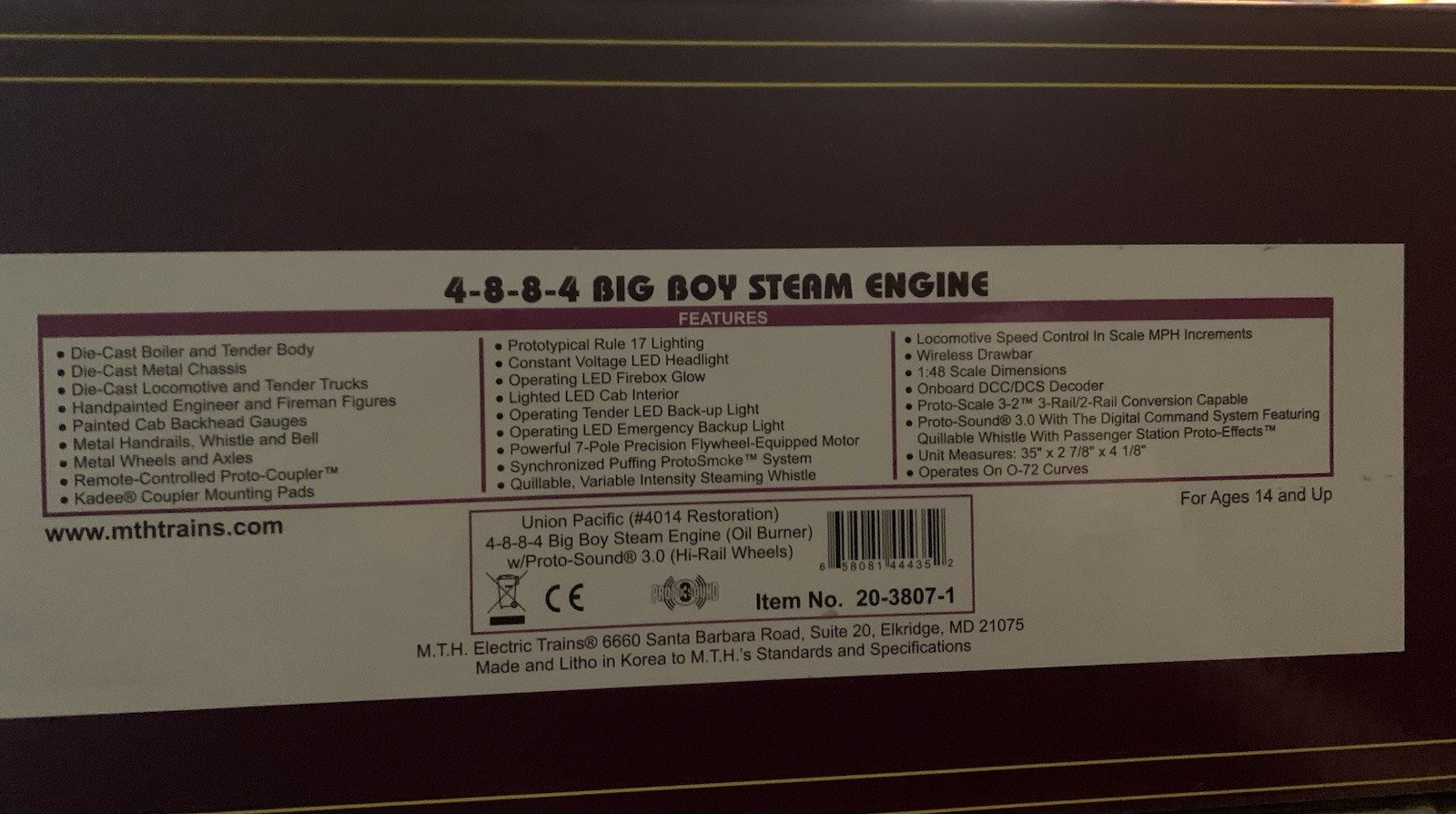MTH PREMIER UNION PACIFIC BIG BOY #4014 STEAM ENGINE PS3 20-3807-1 O SCALE UP