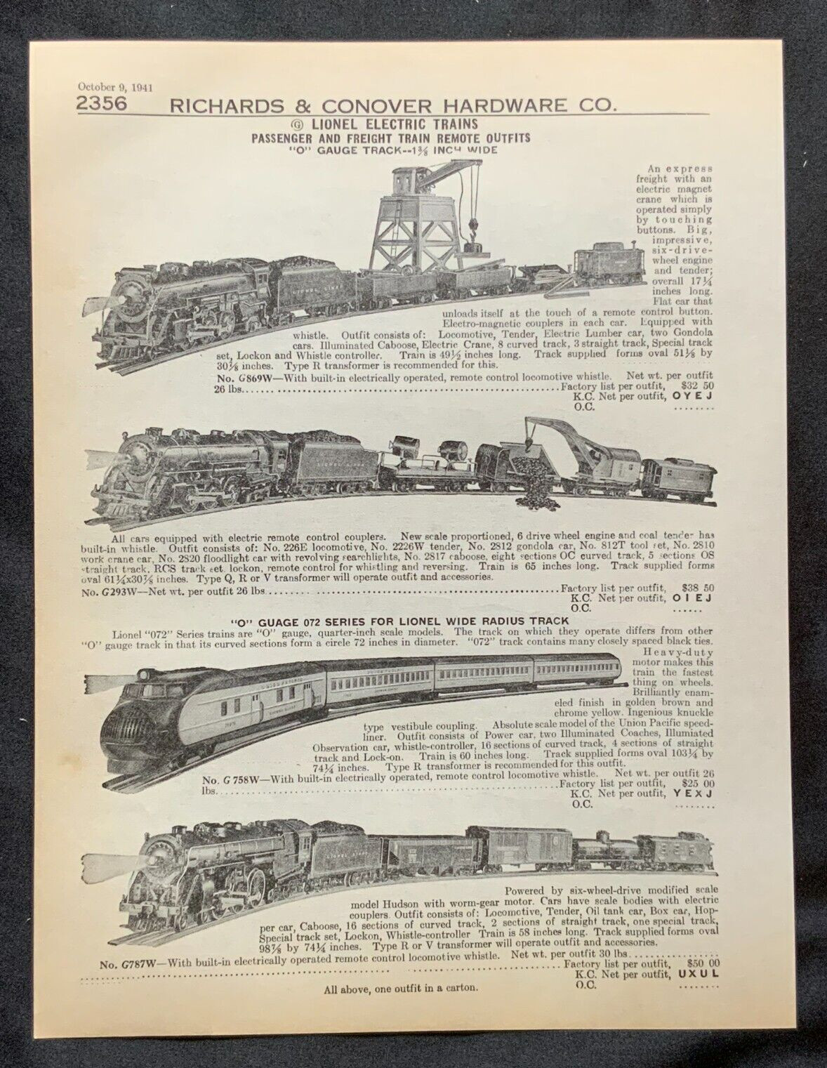 1941 VTG Hardware Catalog Toy Pg ~ O Gauge Scale Lionel Electric Train & Engine