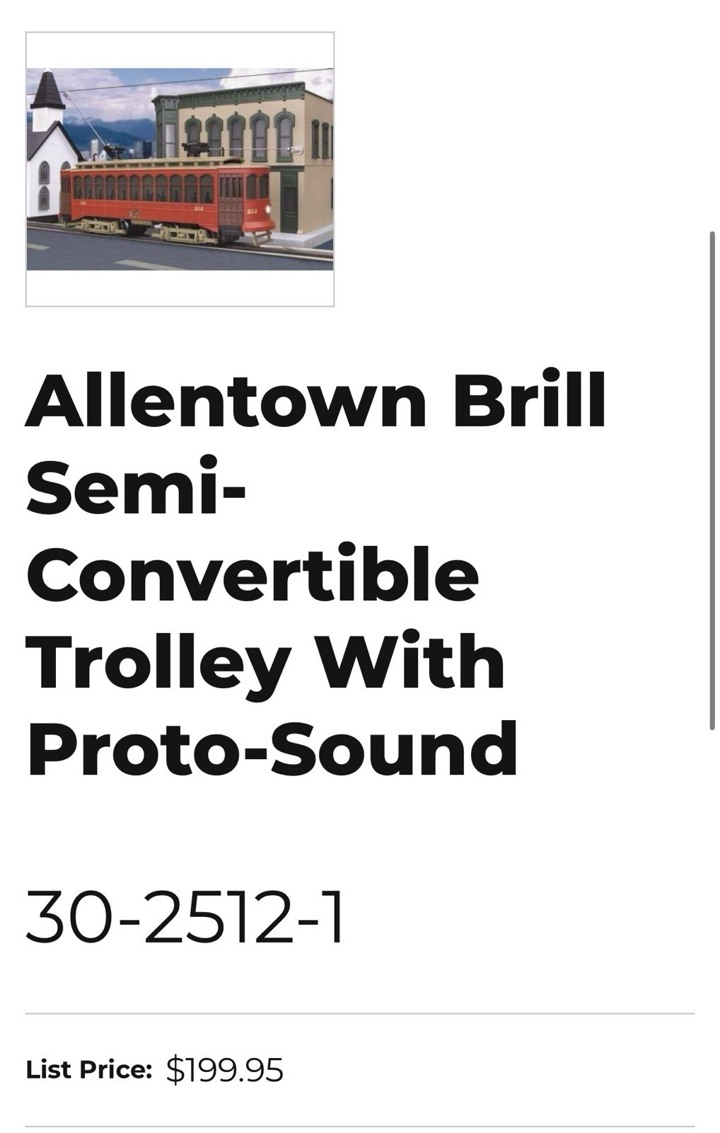 MTH Allentown Brill Semi-Convertible Trolley With Proto-Sound 30-2512-1