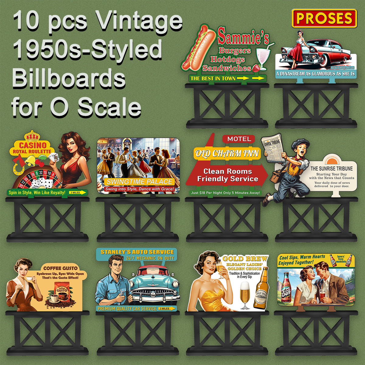 10 X 1950s O Scale Billboards for Model Railroad Layouts – with Cut-Out Images