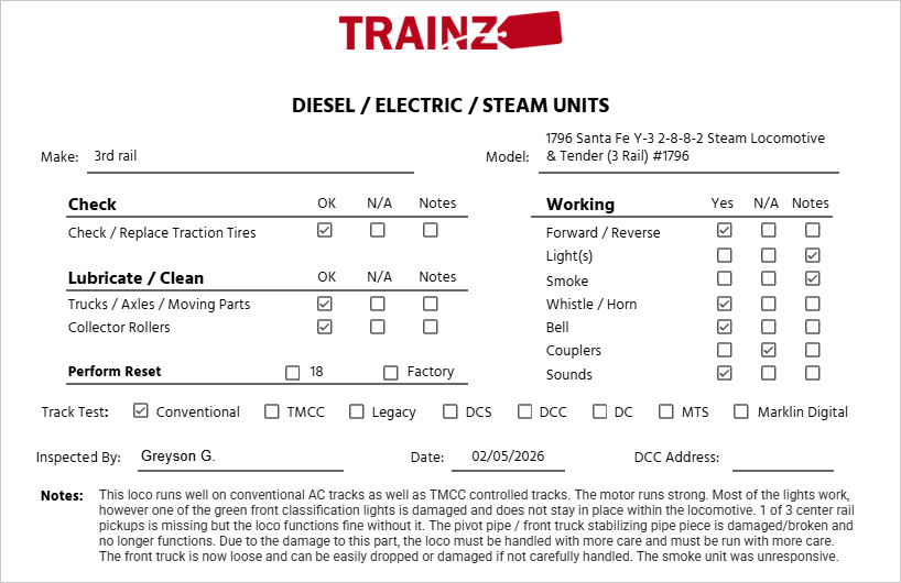 3rd Rail 1796 O Brass Santa Fe Y-3 2-8-8-2 Steam Locomotive & Tender #1796 EX