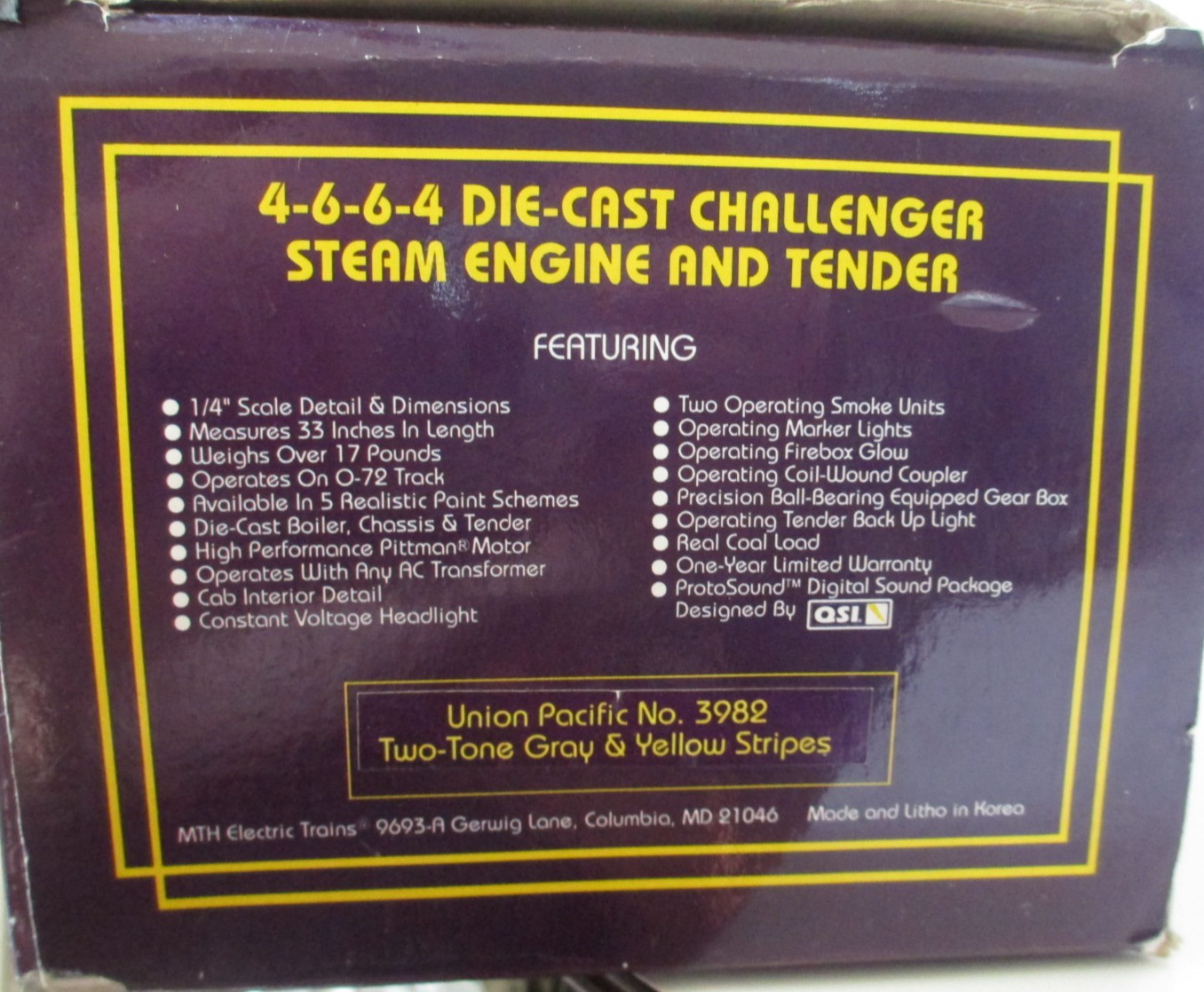 MTH Union Pacific No.3982 4-6-6-4 Die-Cast Challenger Loco & Tender P/S READ