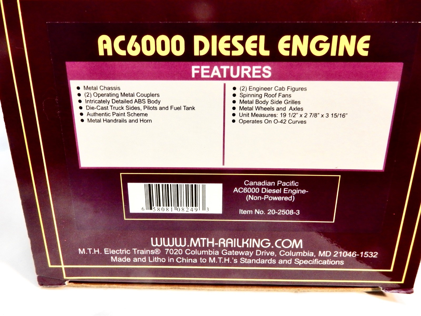 MTH Premier #20-2508-3 Canadian Pacific AC6000 Diesel DUMMY engine-lnwthbox look
