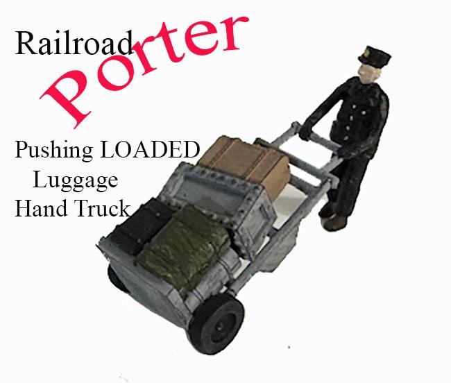 S Scale Railroad PORTER pushing Loaded Luggage Dolly FINISHED 1/64 scale figure