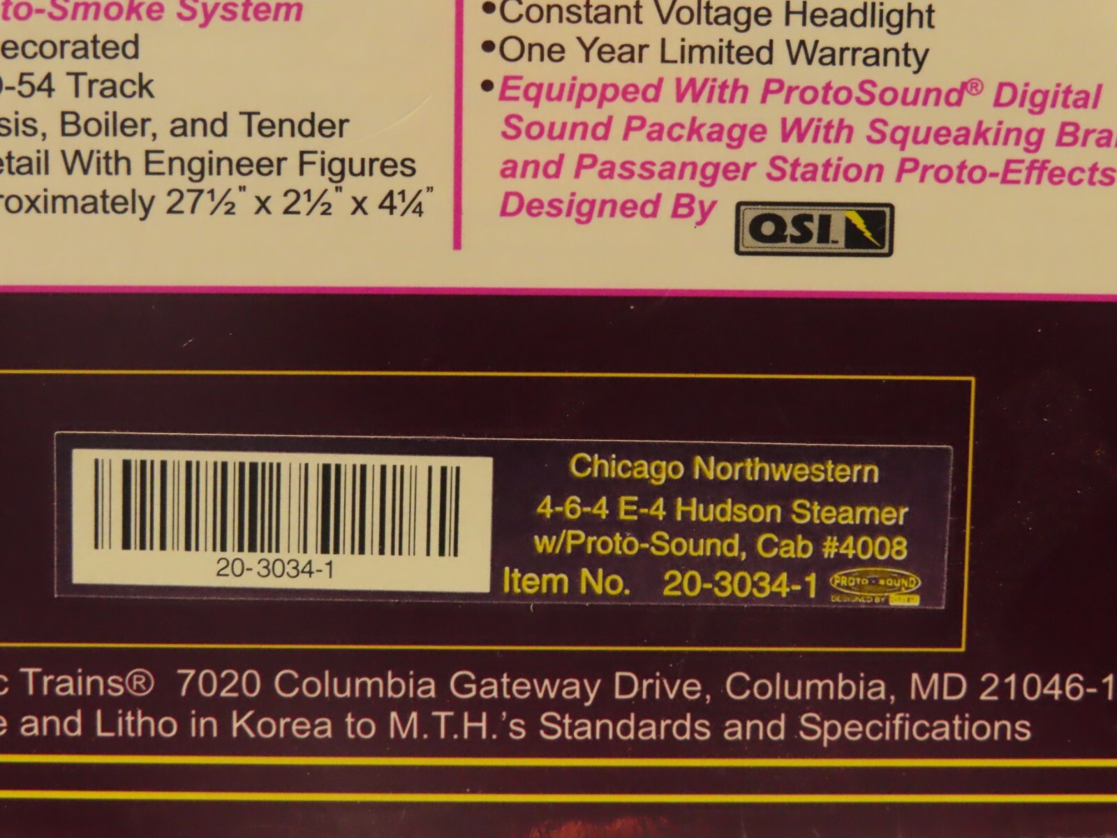 MTH 20-3034-1 Chicago Northwestern Scale E-4 Hudson Loco W/Protosound LN