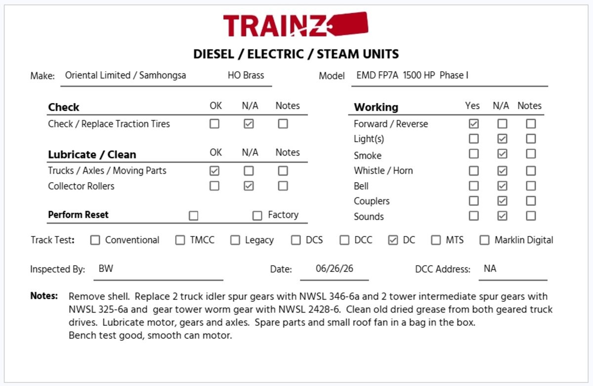Oriental Limited HO BRASS EMD FP7A 1500HP Phase I Diesel Locomotive – Unpainted