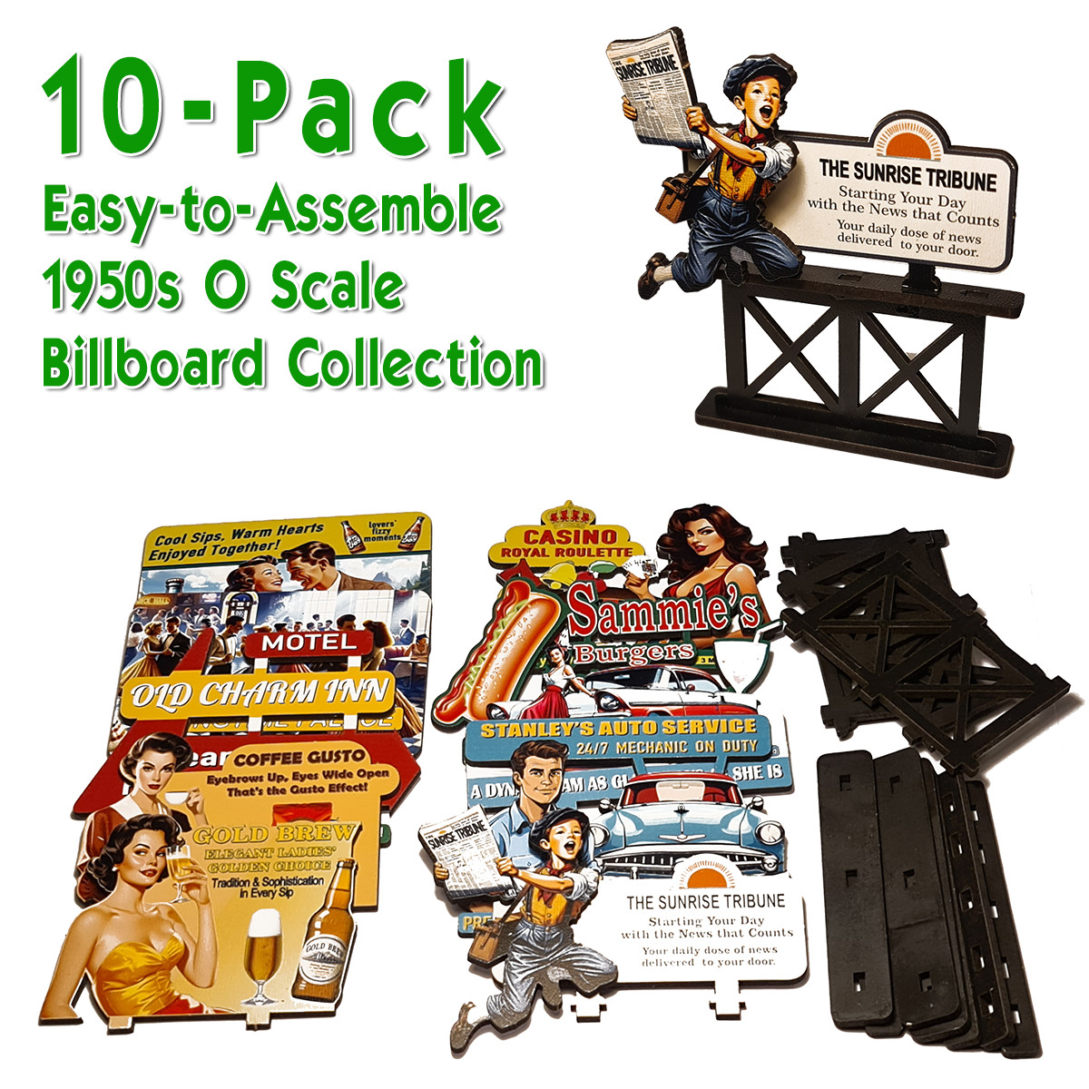 10 X 1950s O Scale Billboards for Model Railroad Layouts – with Cut-Out Images