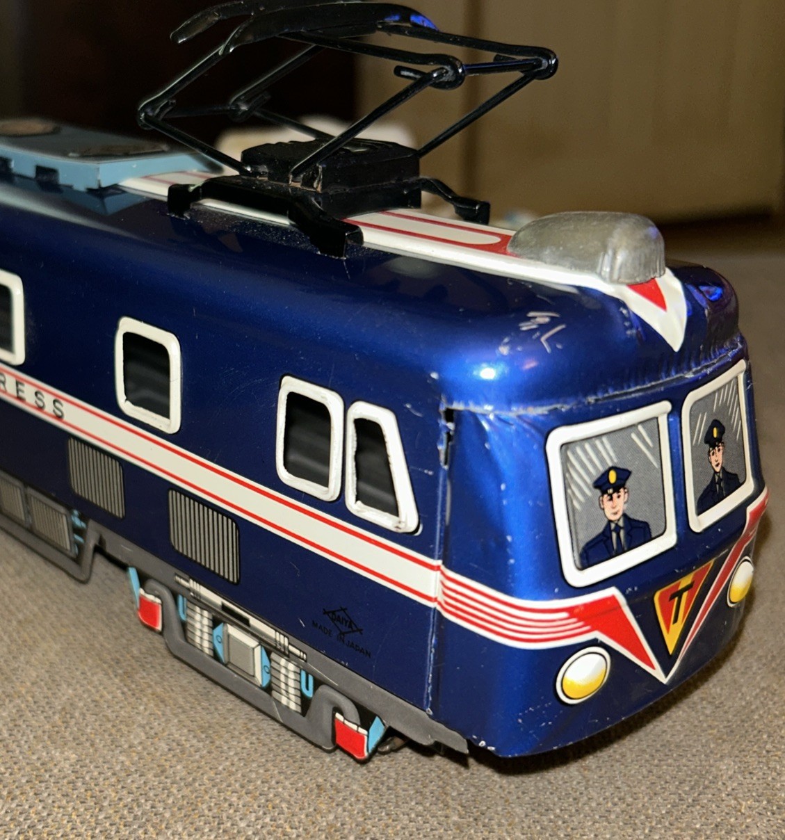 1950’s Blue TIN LOCOMOTIVE EXPRESS E.F 5870 14 In. Street Car READ Description