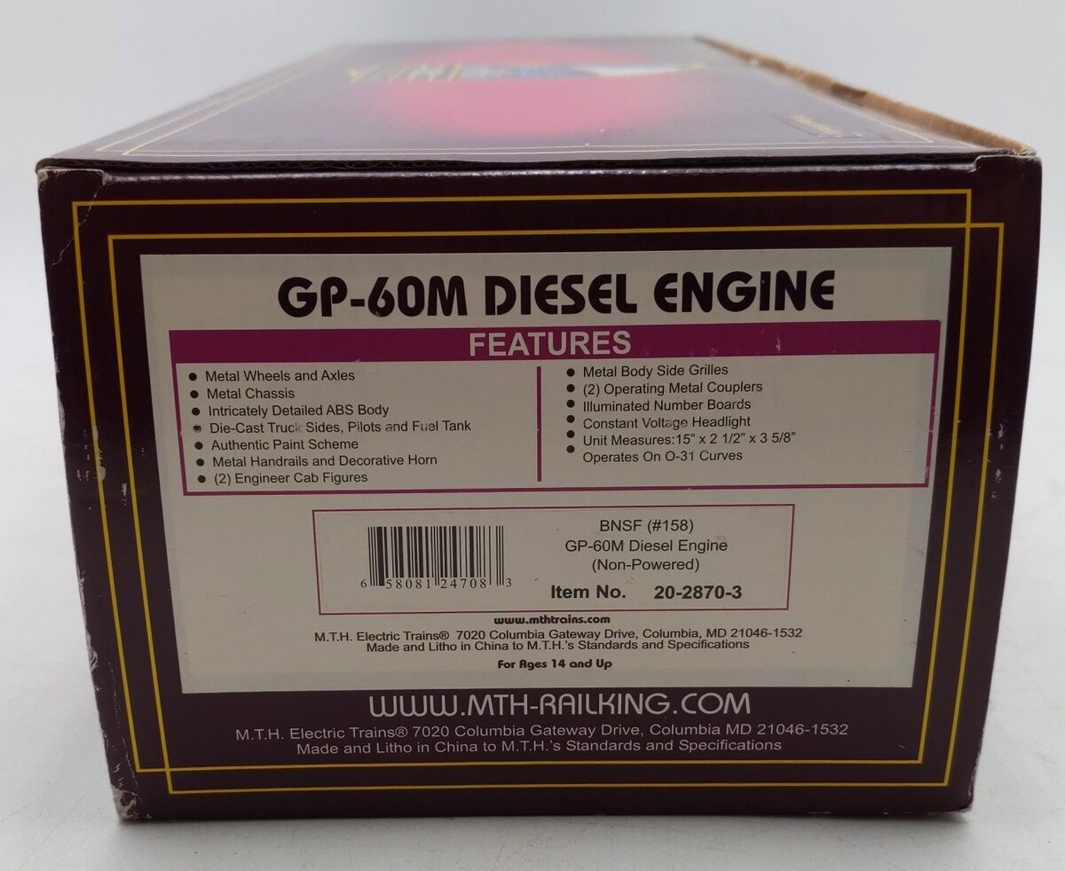 MTH 20-2870-3 BNSF GP-60M Non-Powered Diesel Engine #158 EX/Box