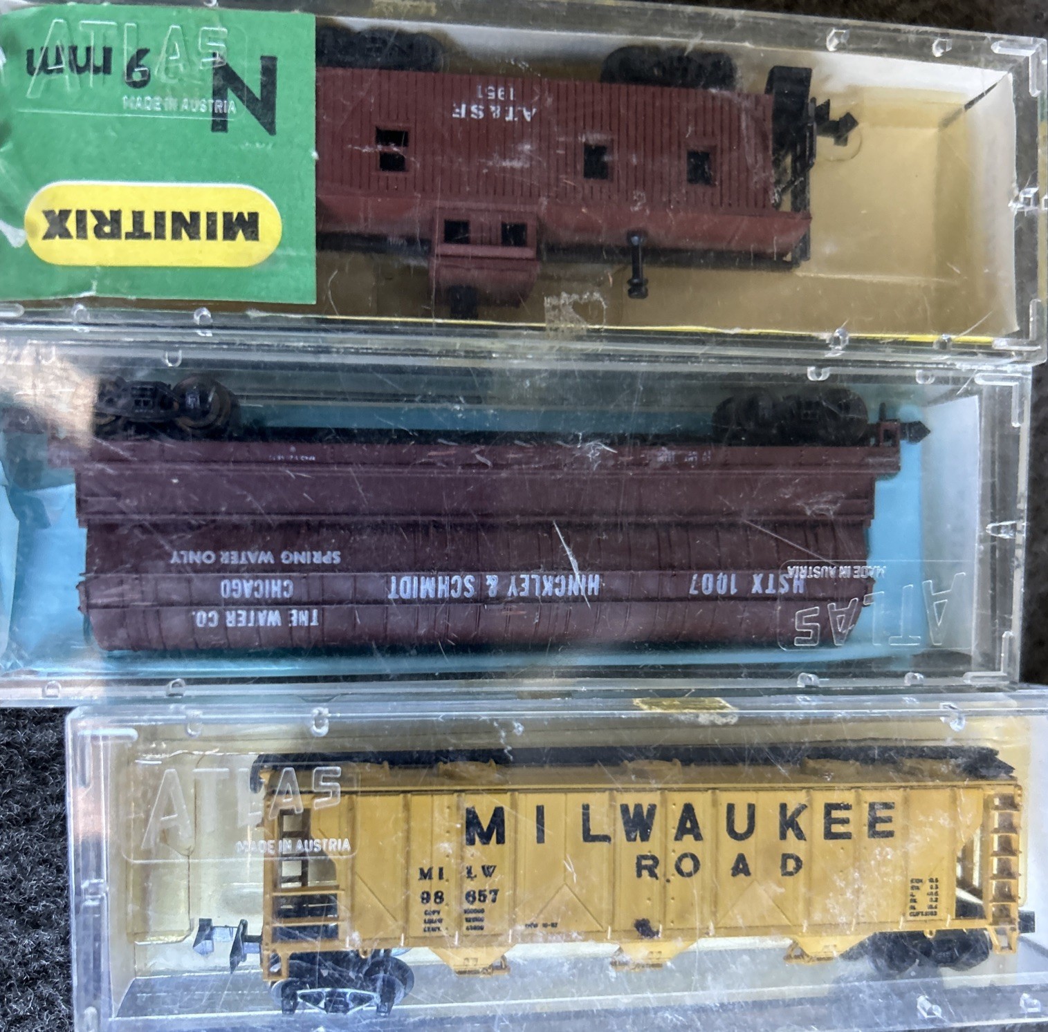 Lot Of 6 Mini Trix N Gauge : Various Manuf. Freight cars, and Track. Used