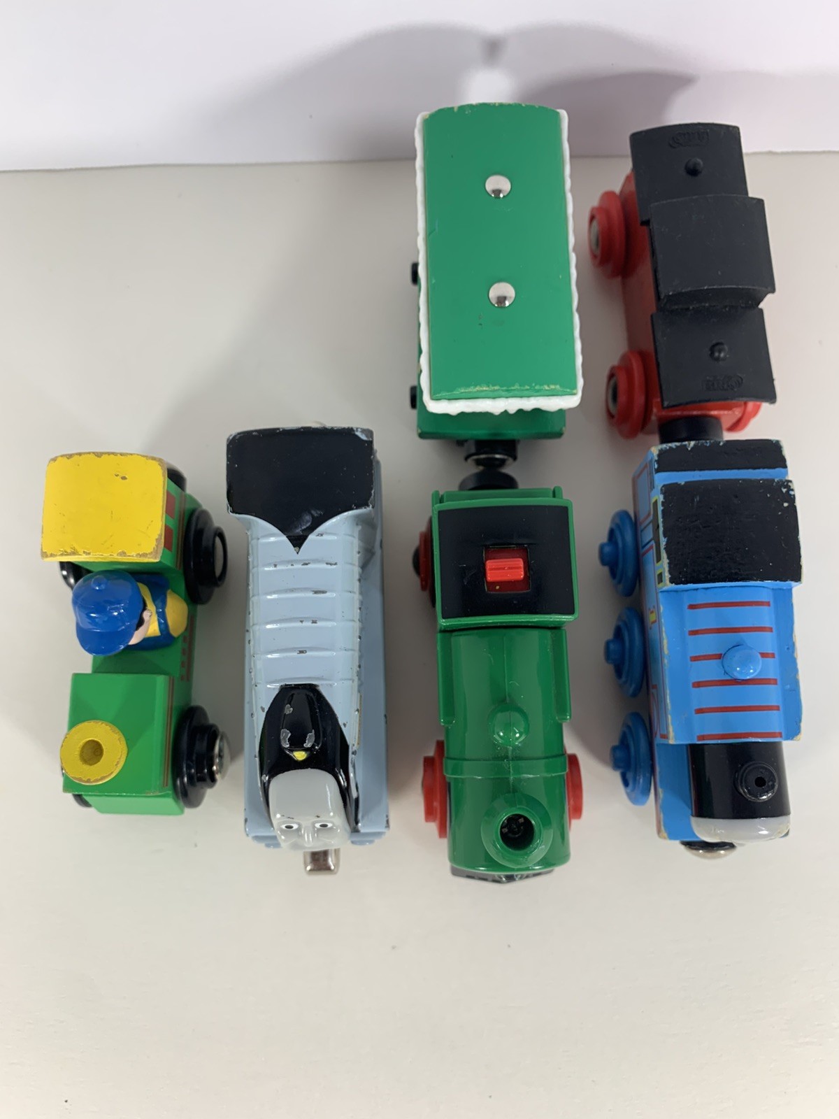 Brio, Thomas, & Spencer Wooden Railway Train Lot – 4 Engines & 2 Carts
