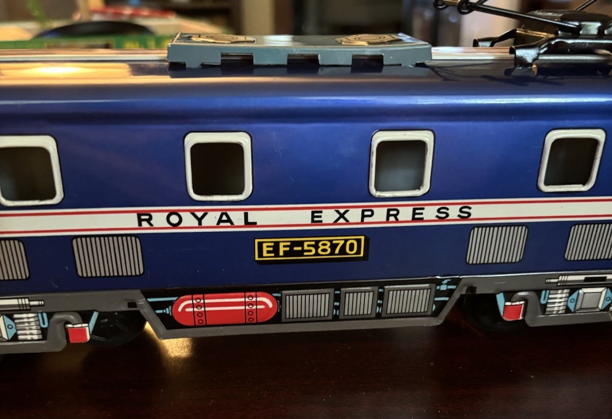 1950’s Blue TIN LOCOMOTIVE EXPRESS E.F 5870 14 In. Street Car READ Description