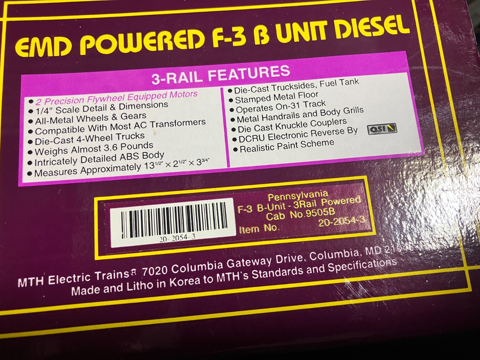 MTH 20-2054-3 Pennsylvania F3 Powered B-Unit NIB #9505a