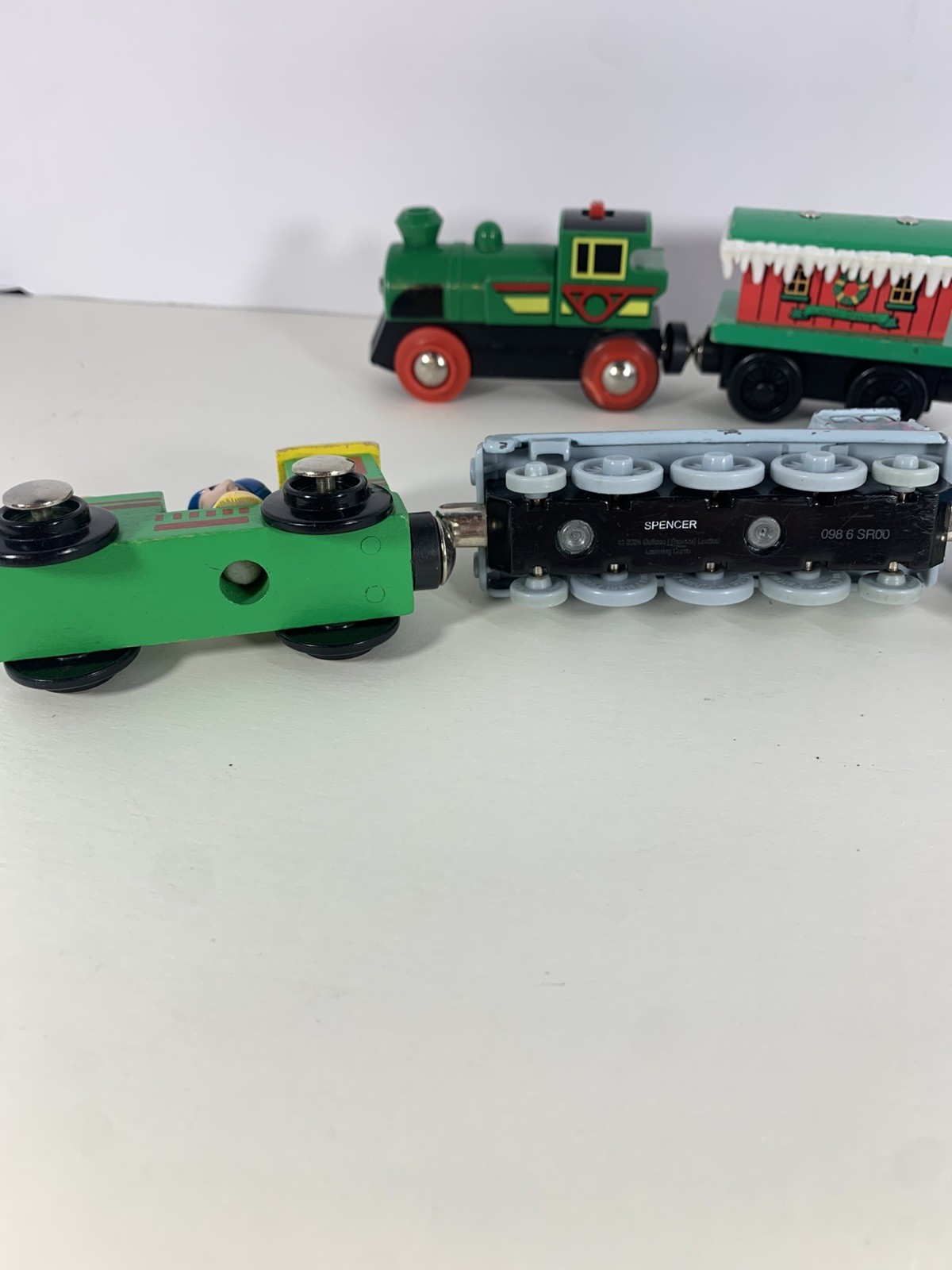 Brio, Thomas, & Spencer Wooden Railway Train Lot – 4 Engines & 2 Carts