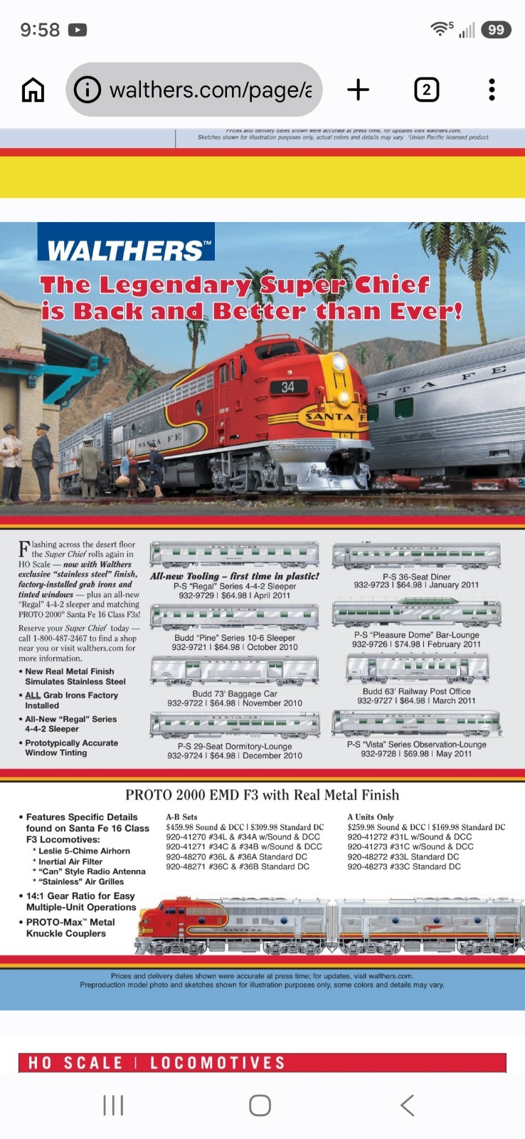Walthers Proto HO 920-41273 F3A Santa Fe Red Warbonnet #31C W/Sound/DCC/DC LED