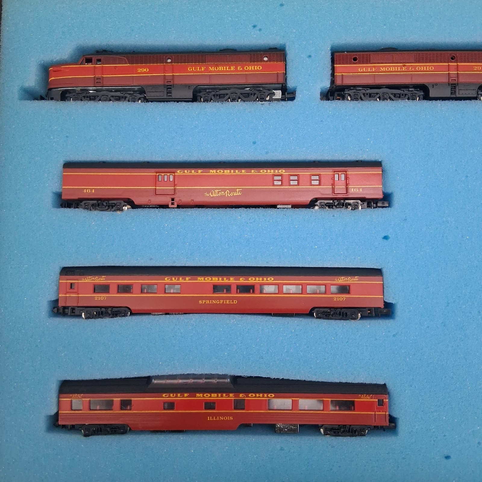 Con-Cor N Scale GM&O ALTON ROUTE & REBEL Set 3 PA Locos AAB & 6 Passenger Cars