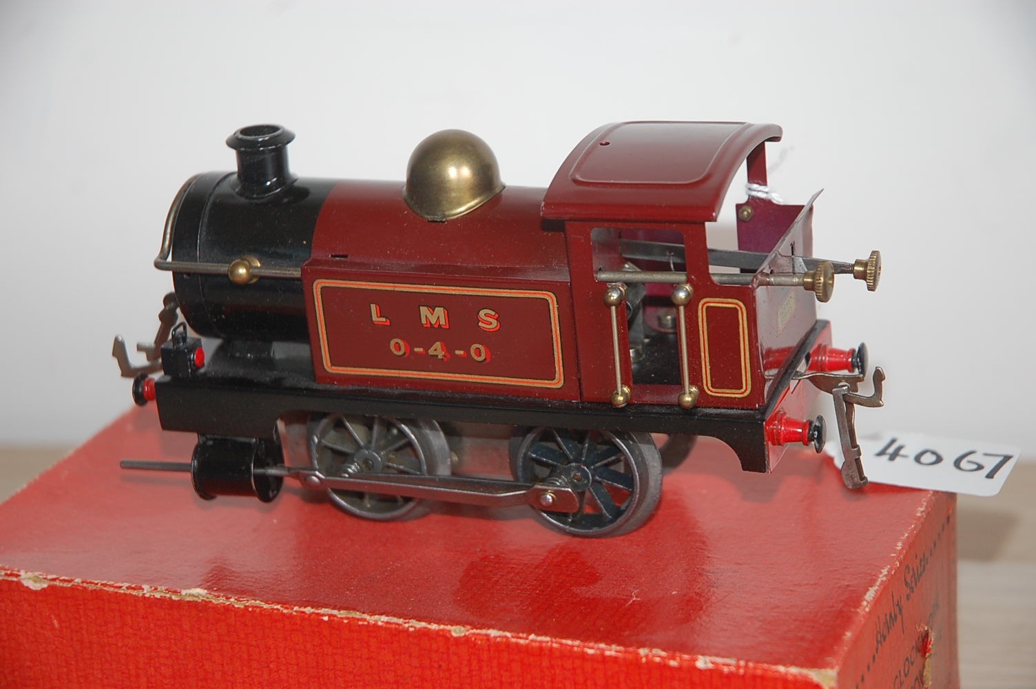 HORNBY O GAUGE CLOCKWORK EARLY No 1 TANK LOCO IN RED LMS LIVERY BOXED