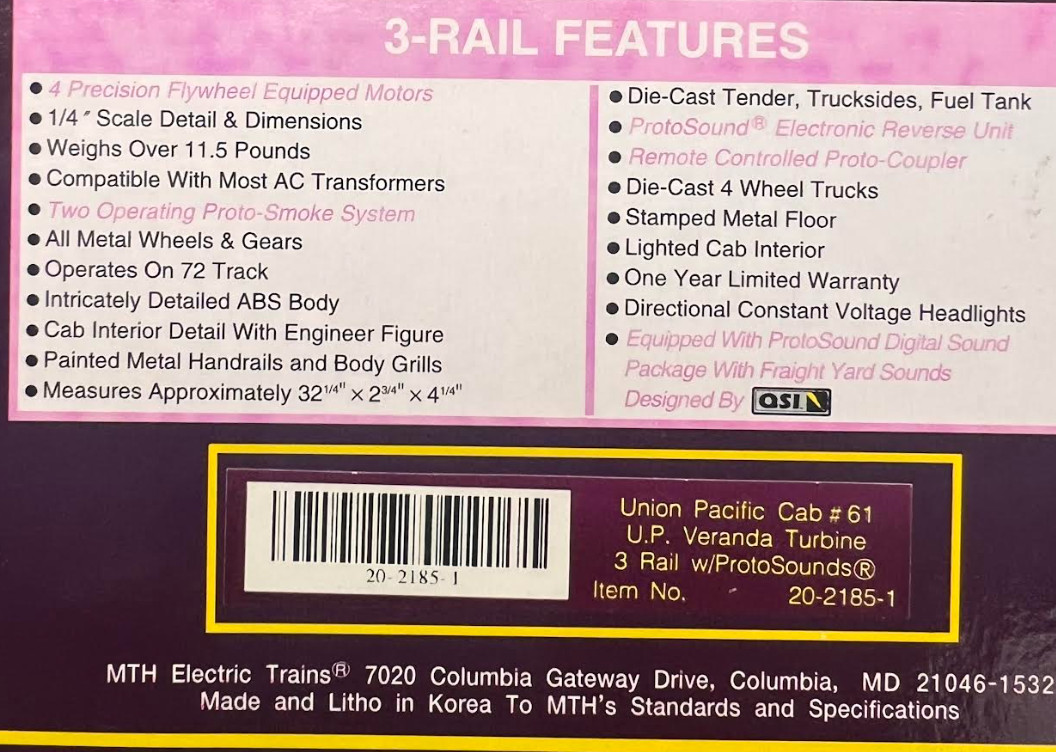 MTH O Scale Premier Union Pacific Veranda Turbine PS.1 20-2185-1 LNIB