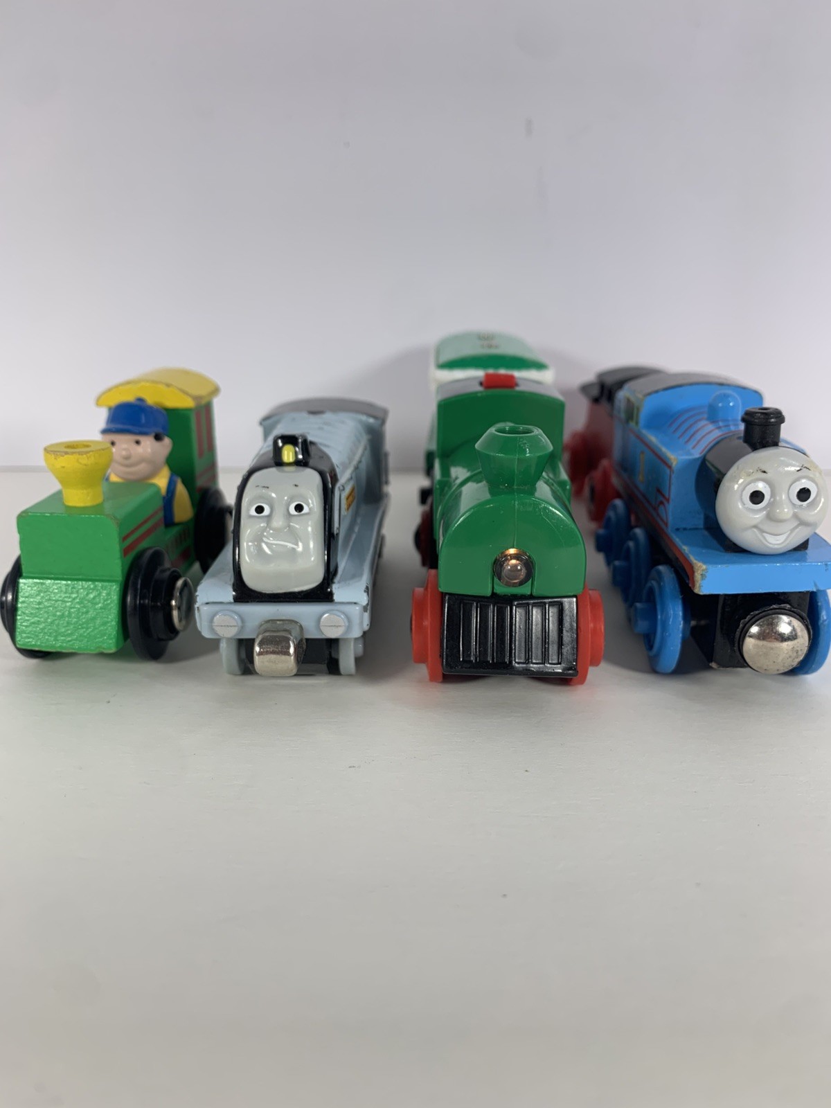 Brio, Thomas, & Spencer Wooden Railway Train Lot – 4 Engines & 2 Carts