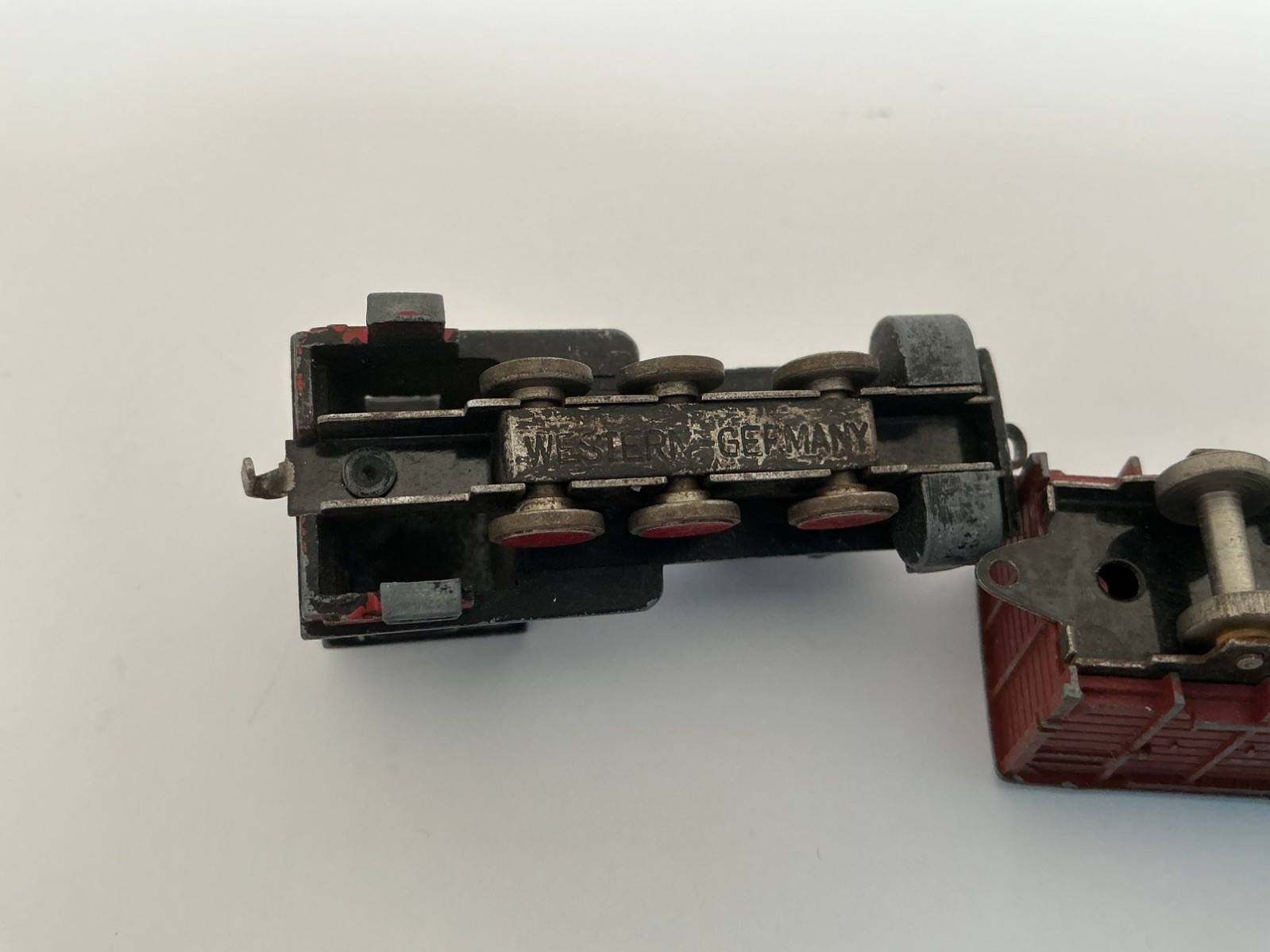 Small Vintage Train Engine, Brown Freight Van, Green Brake van – Western Germany